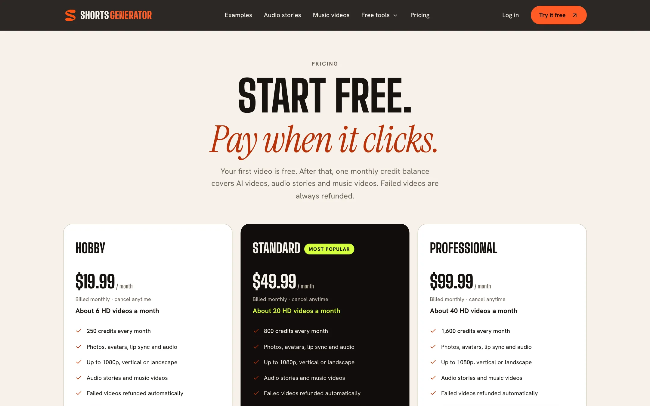 Shorts Generator pricing with Hobby, Standard and Professional plans
