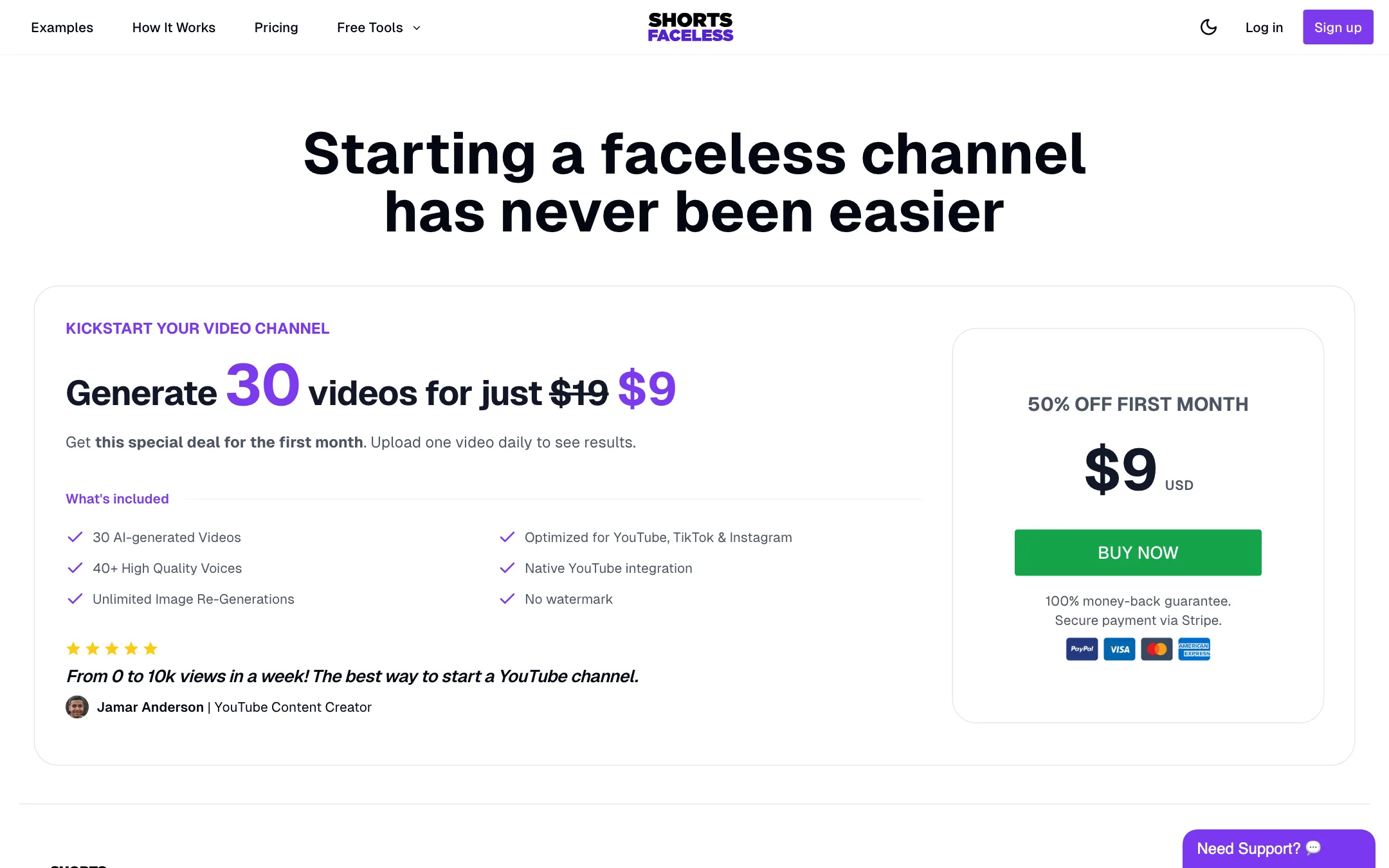 ShortsFaceless special deal page offering 30 videos for $9