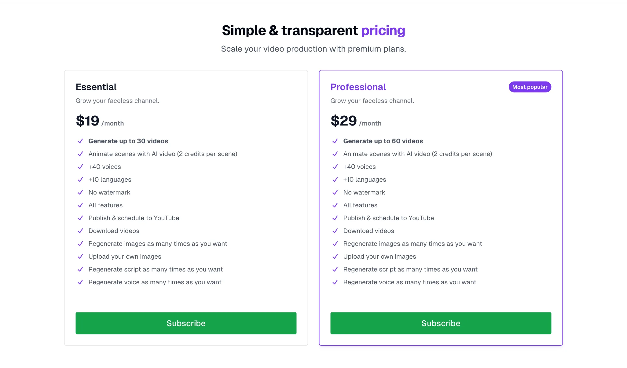 ShortsFaceless pricing with Essential and Professional plans