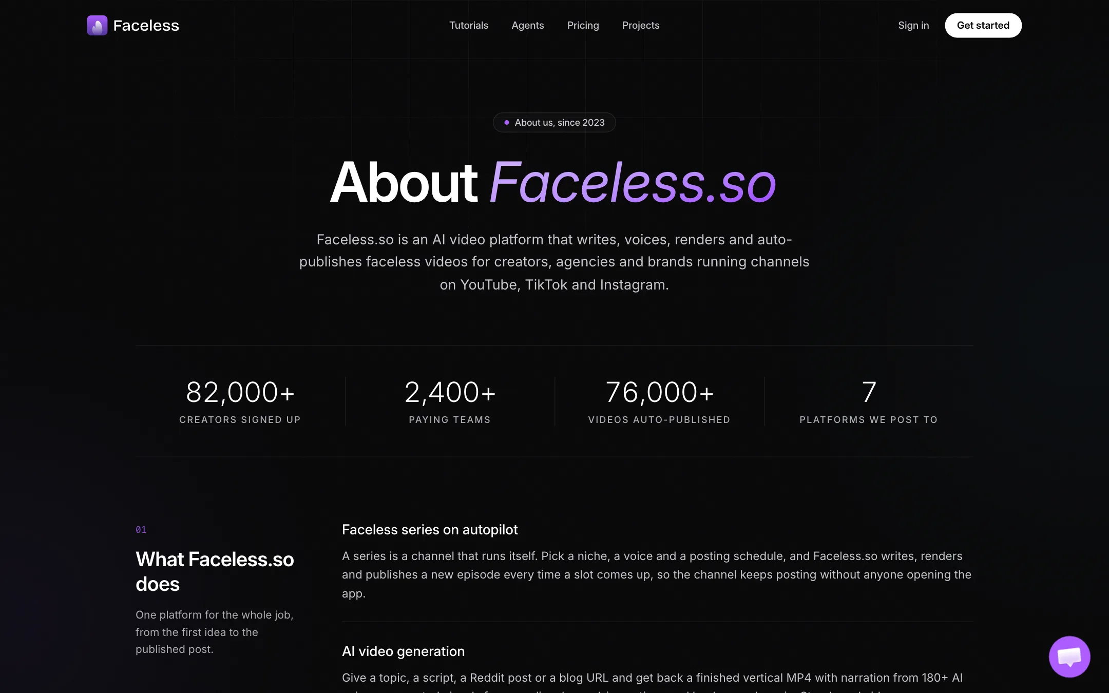 About Faceless.so page describing the product and the team