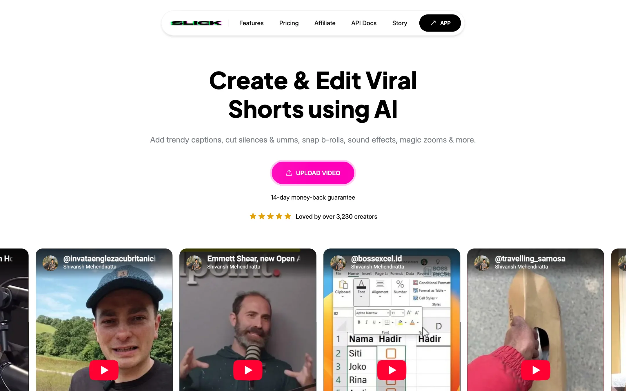 The original Slick homepage: Create and Edit Viral Shorts using AI