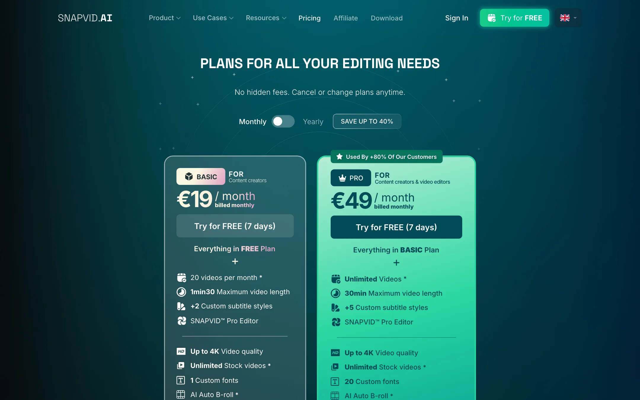 SNAPVID pricing page with Basic and Pro plans in euros