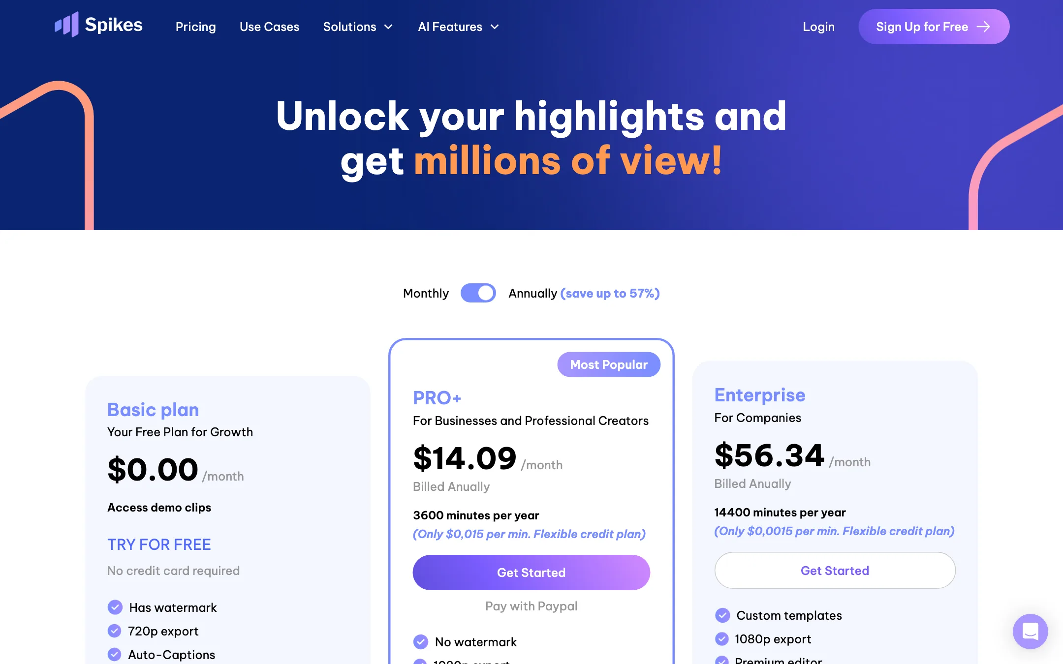Spikes Studio pricing page with Basic, PRO+ and Enterprise plans