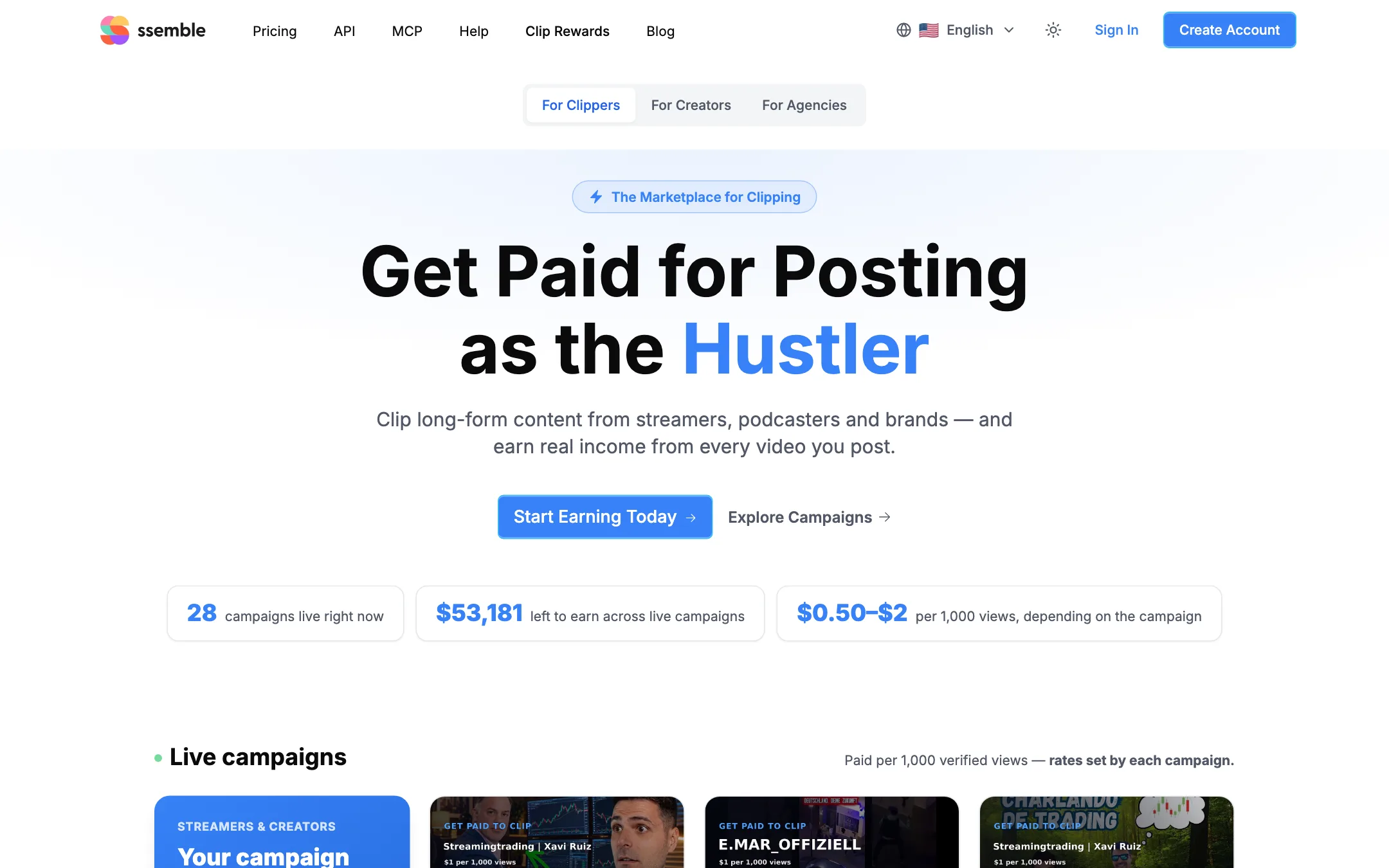 Ssemble Clip Rewards page: Get Paid for Posting, with live campaigns and per-1,000-view rates
