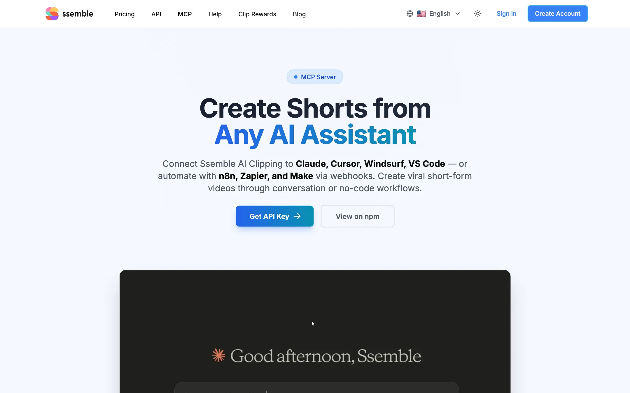 Ssemble MCP Server page: Create Shorts from Any AI Assistant