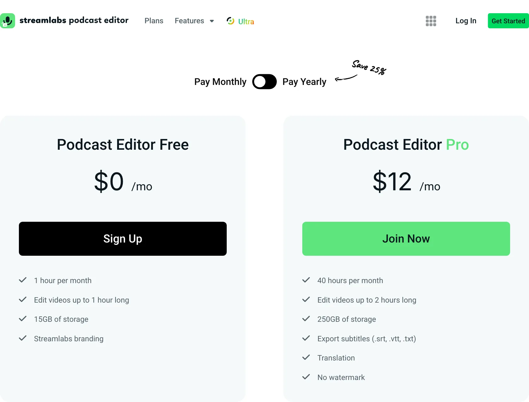 Streamlabs Podcast Editor plans page with Free and Pro plans