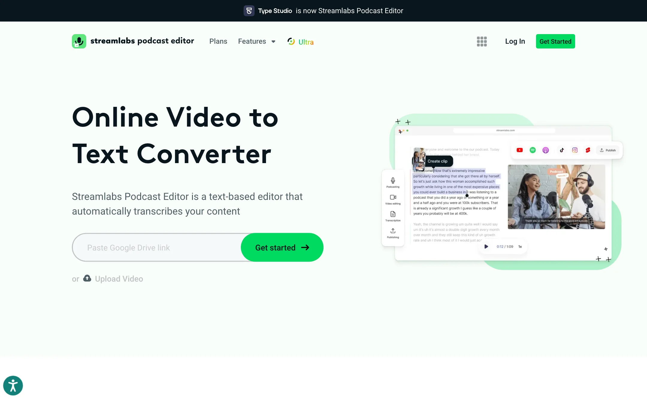 Streamlabs Podcast Editor video to text feature page