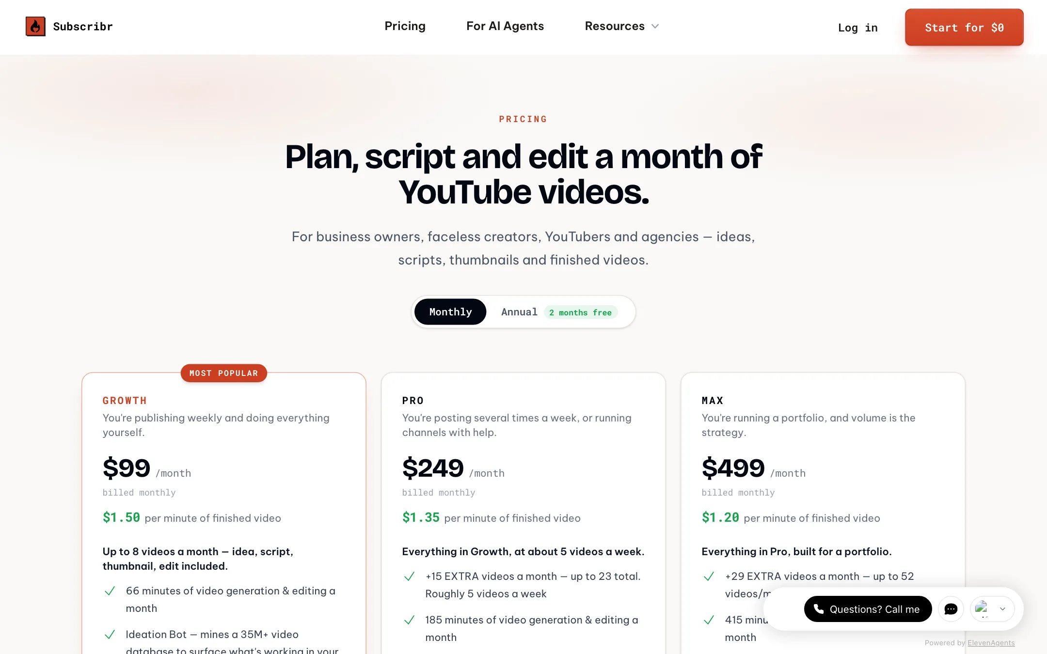 Subscribr pricing page with Growth, Pro and Max plans
