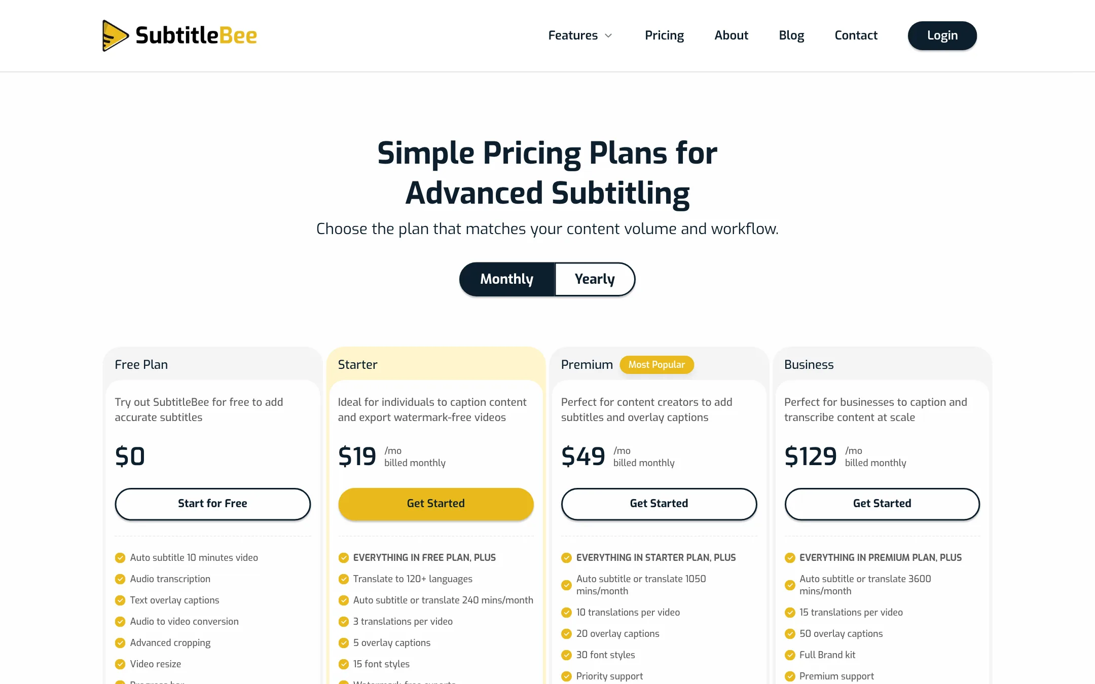 SubtitleBee pricing plans with Free, Starter, Premium and Business tiers
