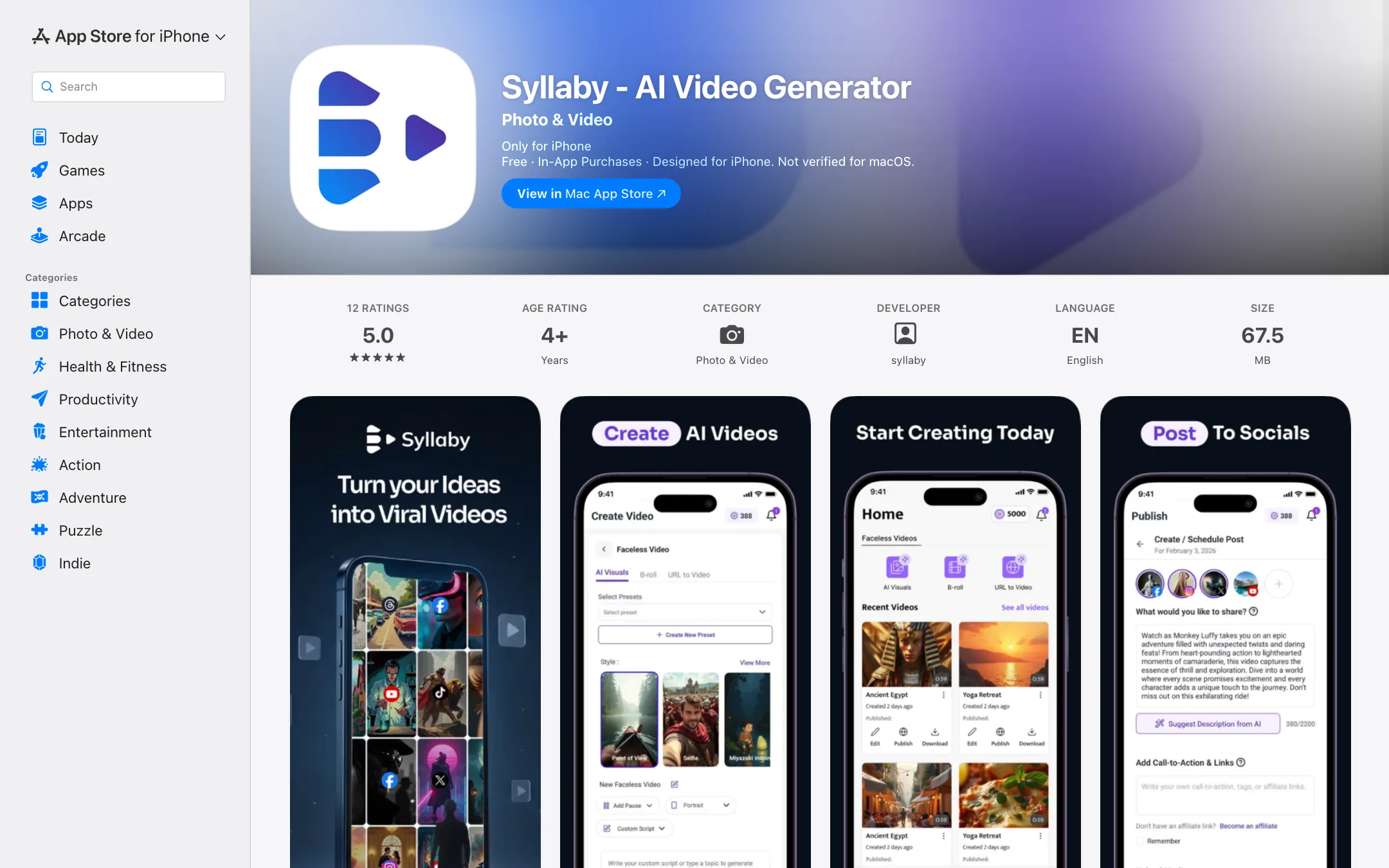 Syllaby AI Video Generator listing on the App Store