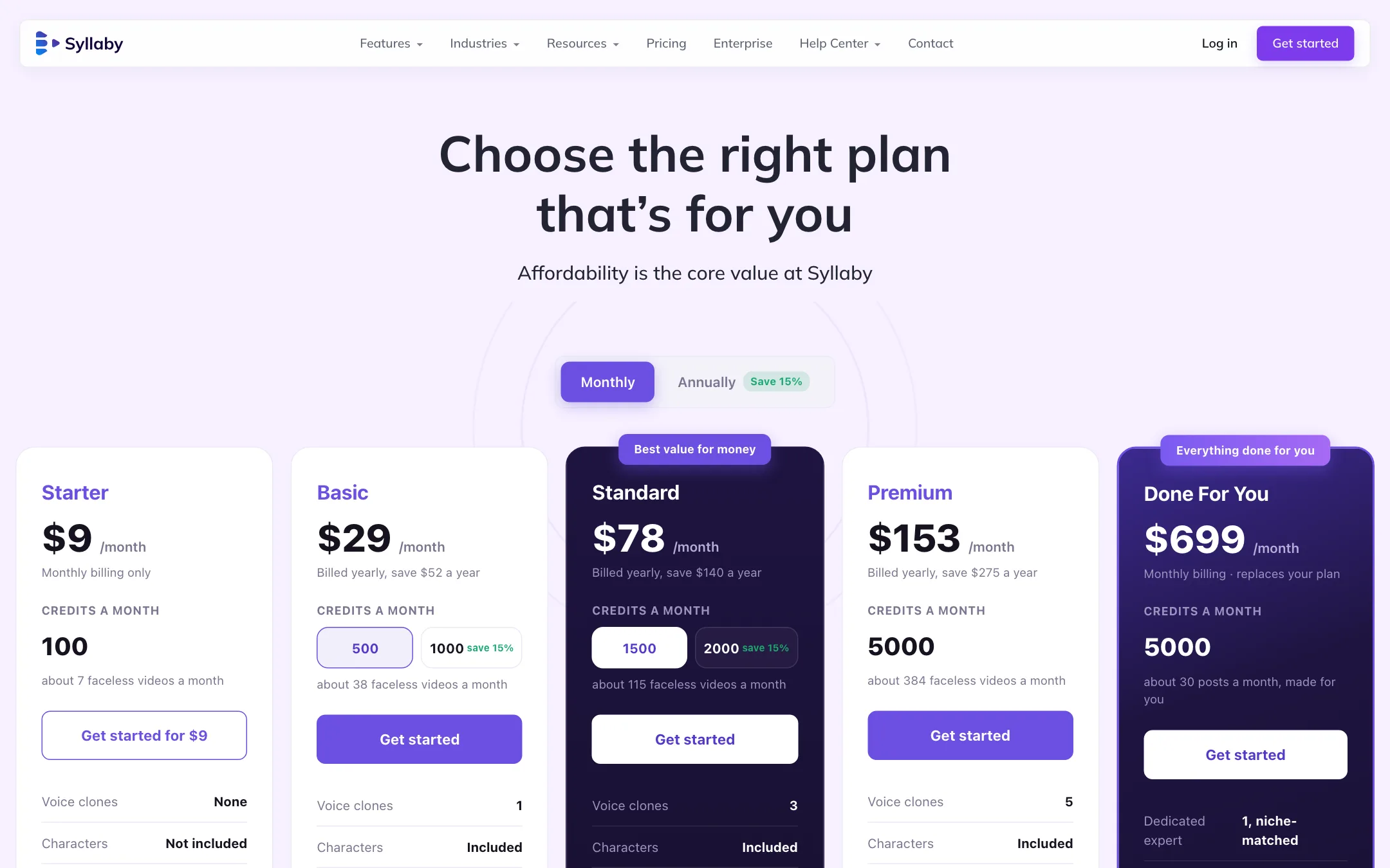 Syllaby pricing plans Starter, Basic, Standard, Premium and Done For You