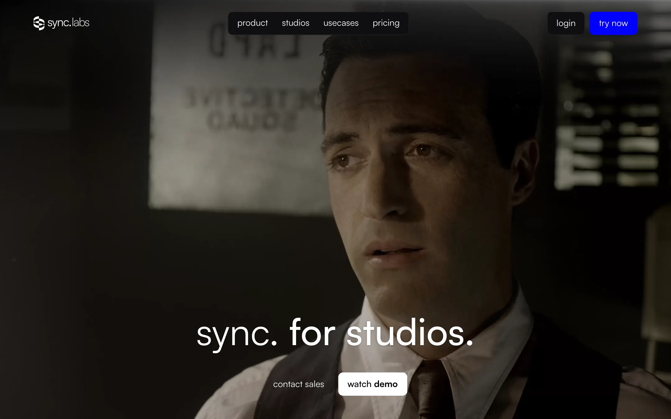 sync. for studios page hero with a film still and contact sales and watch demo buttons