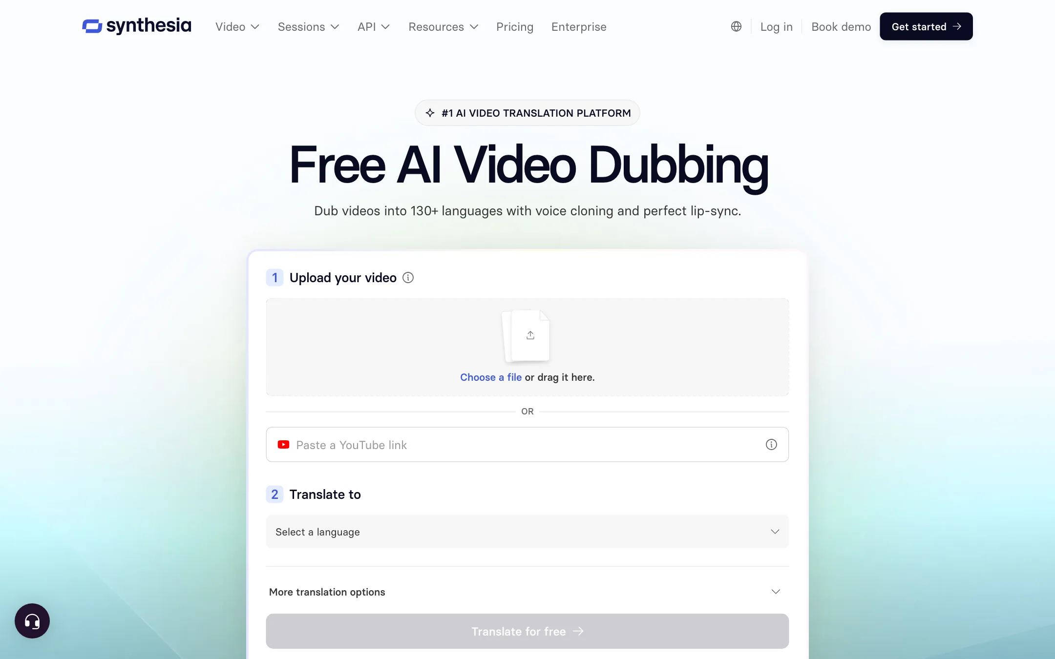 Synthesia free AI video dubbing tool with upload box and language picker
