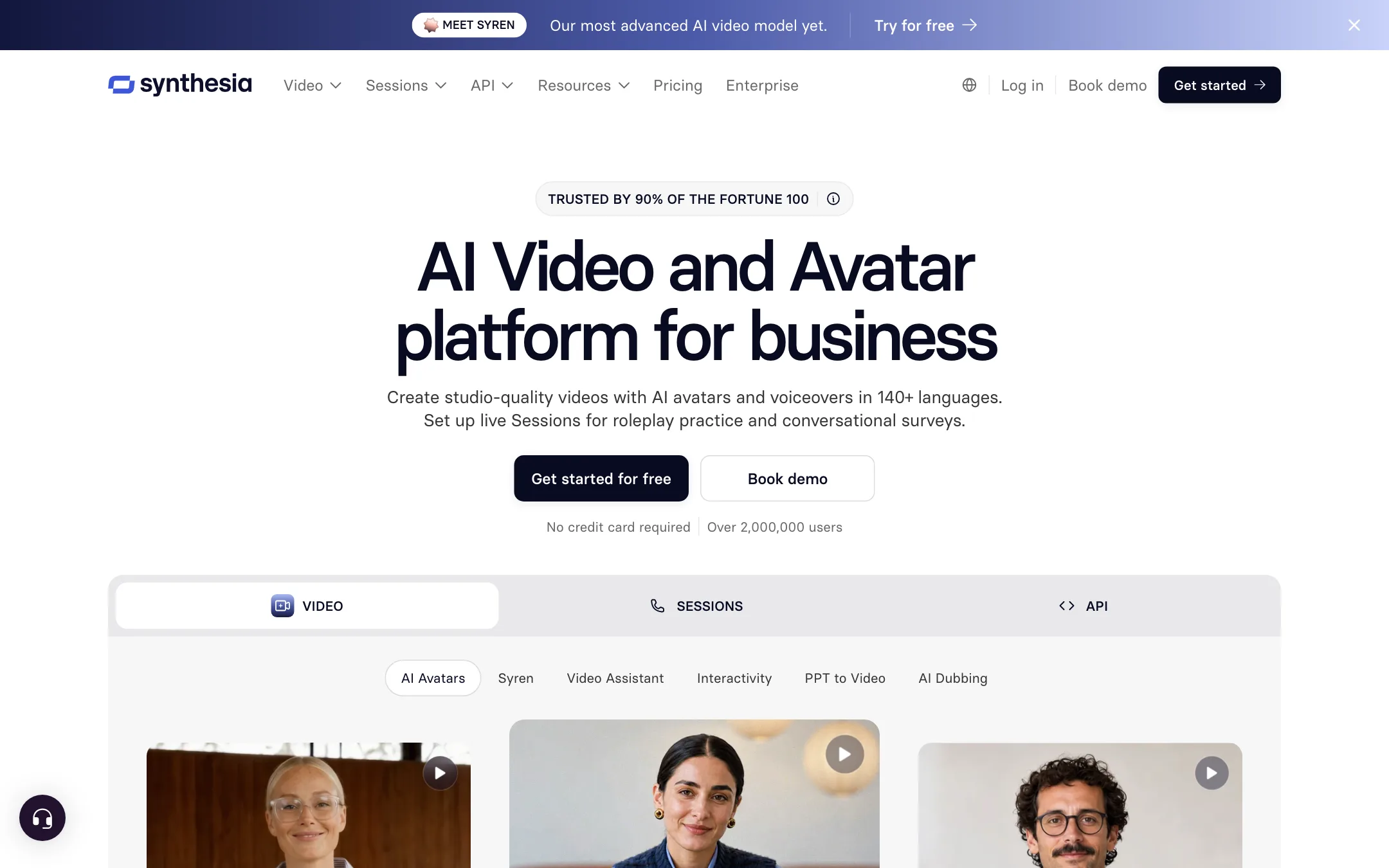 Synthesia homepage headline: AI Video and Avatar platform for business