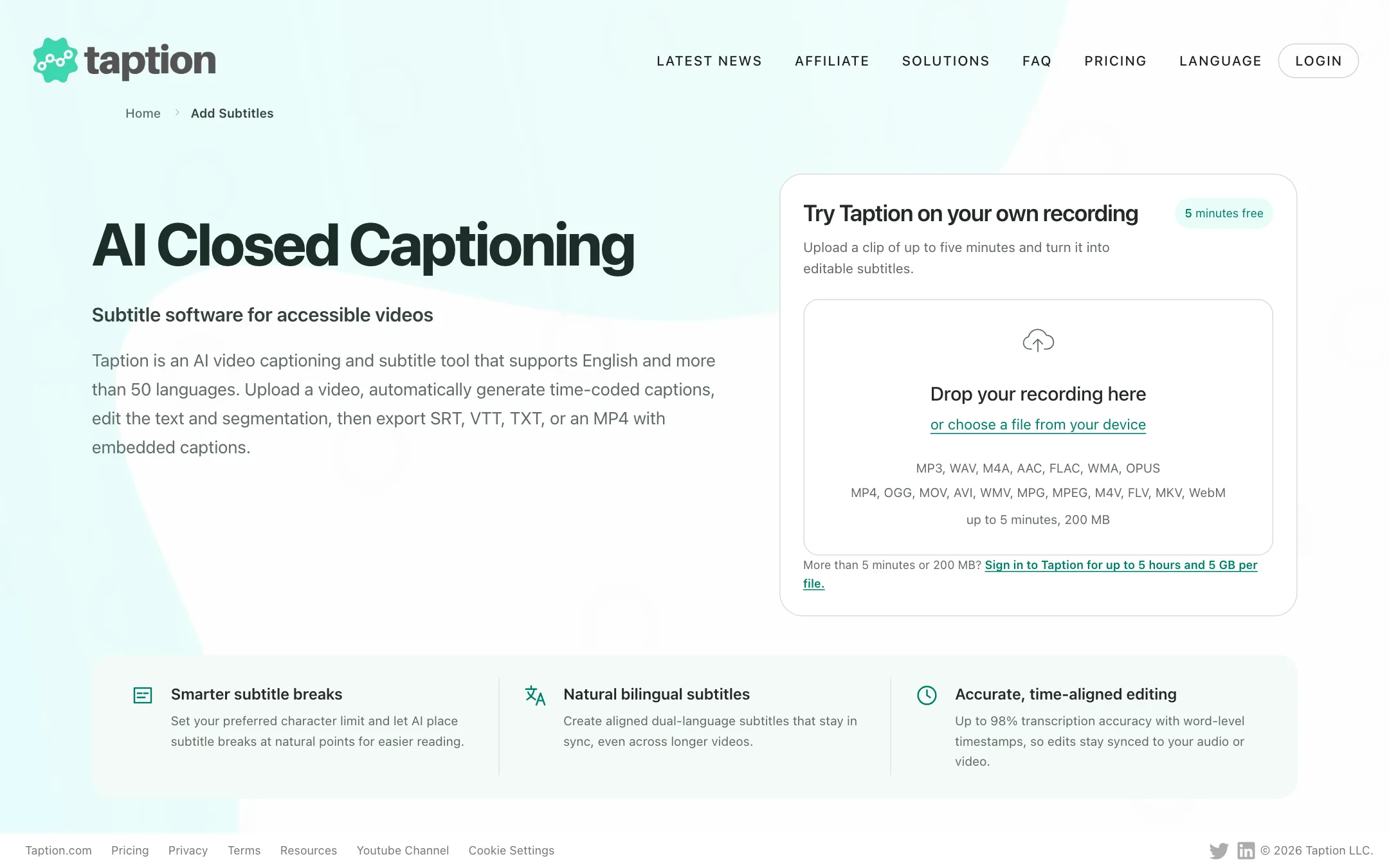 Taption closed captioning page with a free five-minute upload box