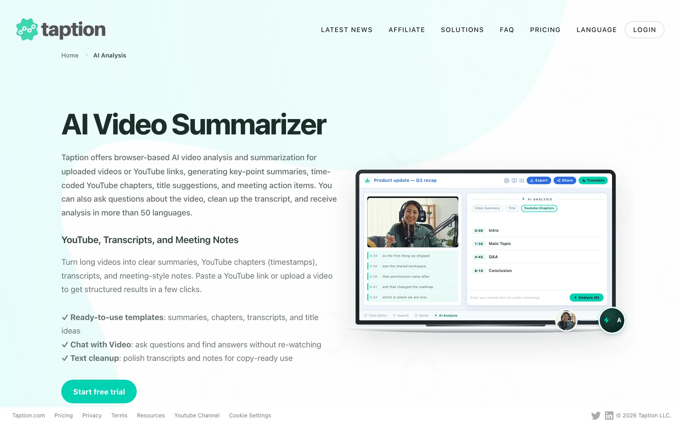 Taption AI video summarizer page with chapters and summary panel