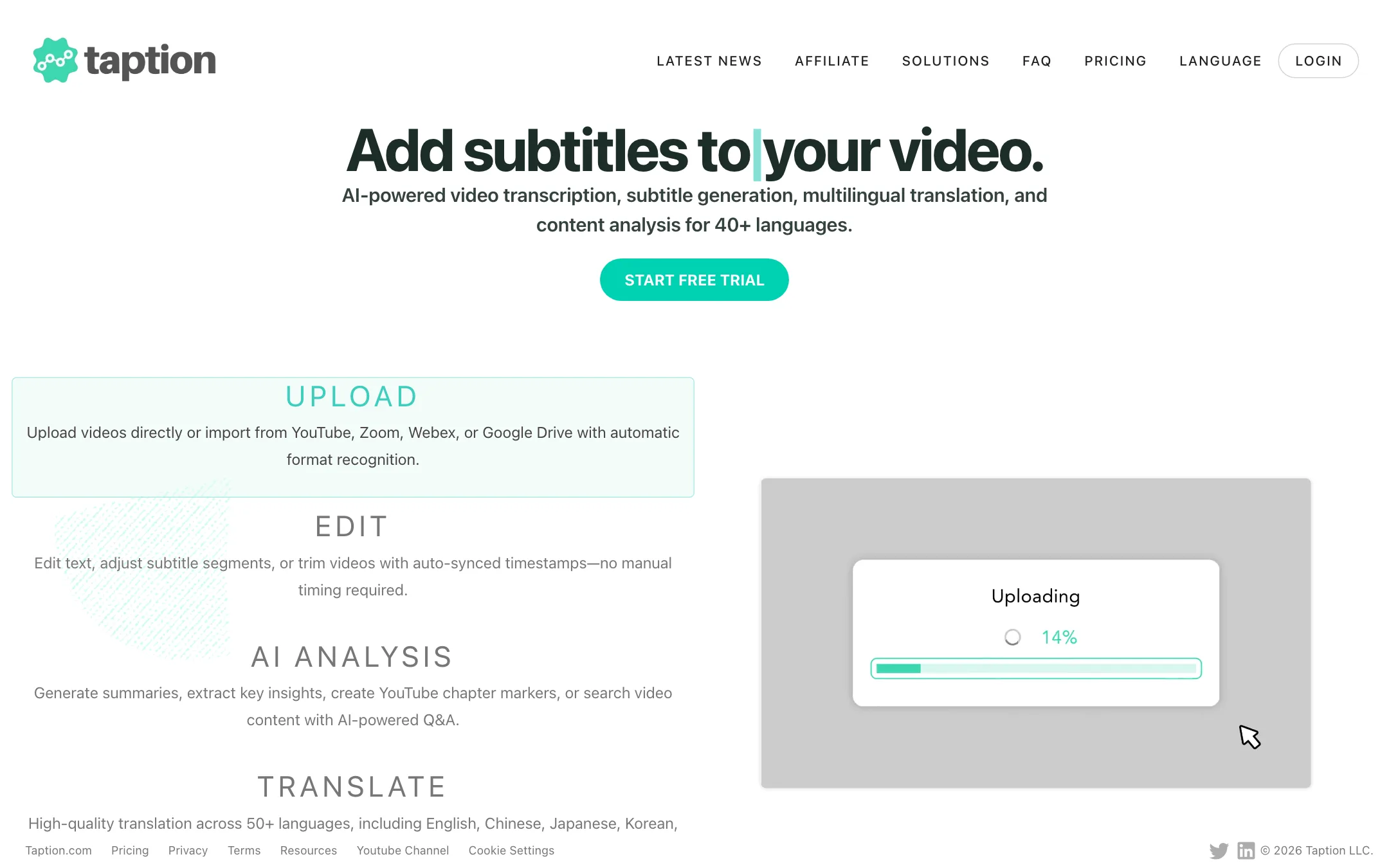 Taption homepage headline: Add subtitles to your video, with the upload, edit, AI analysis and translate steps