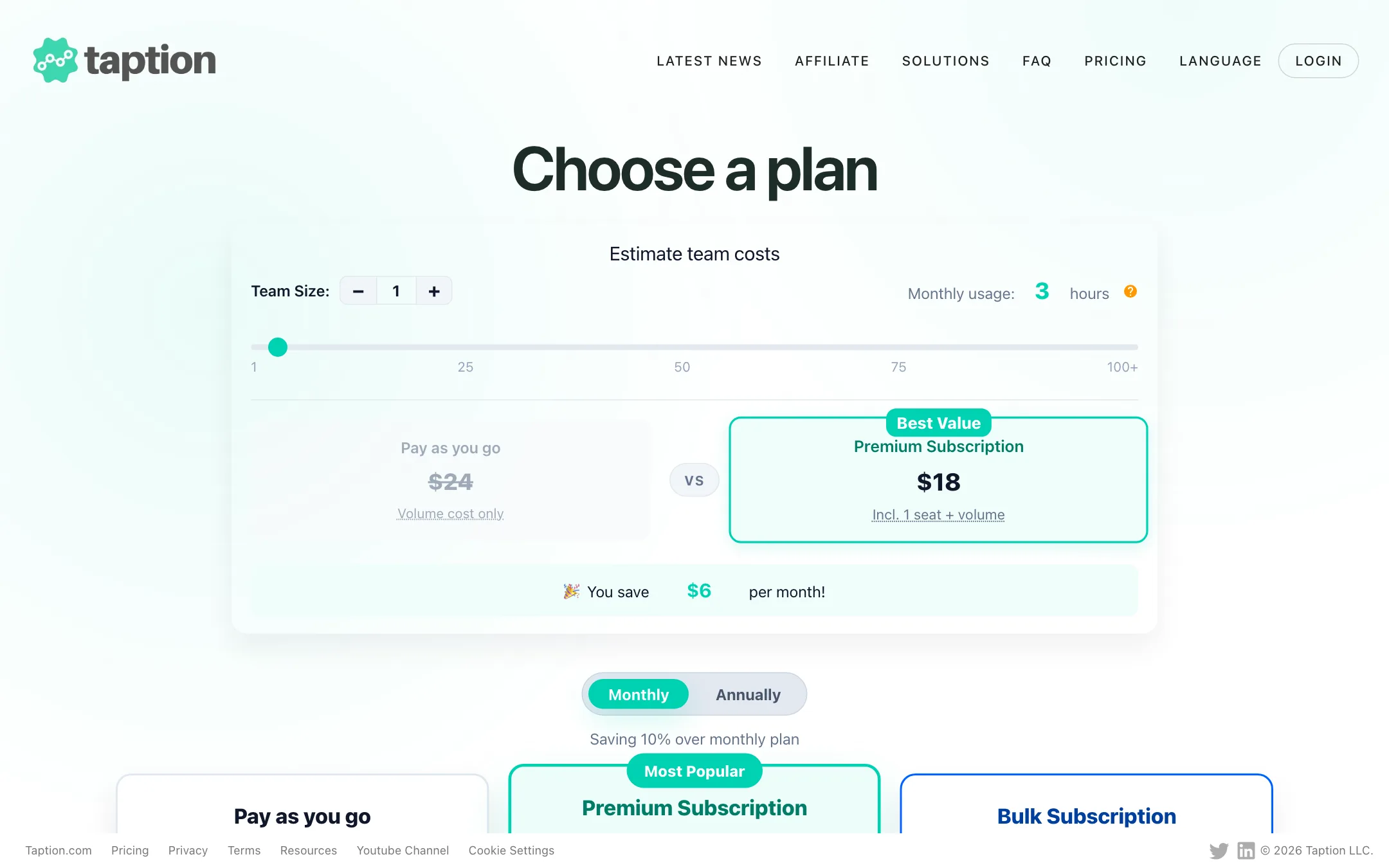 Taption pricing page with pay as you go, Premium and Bulk plans