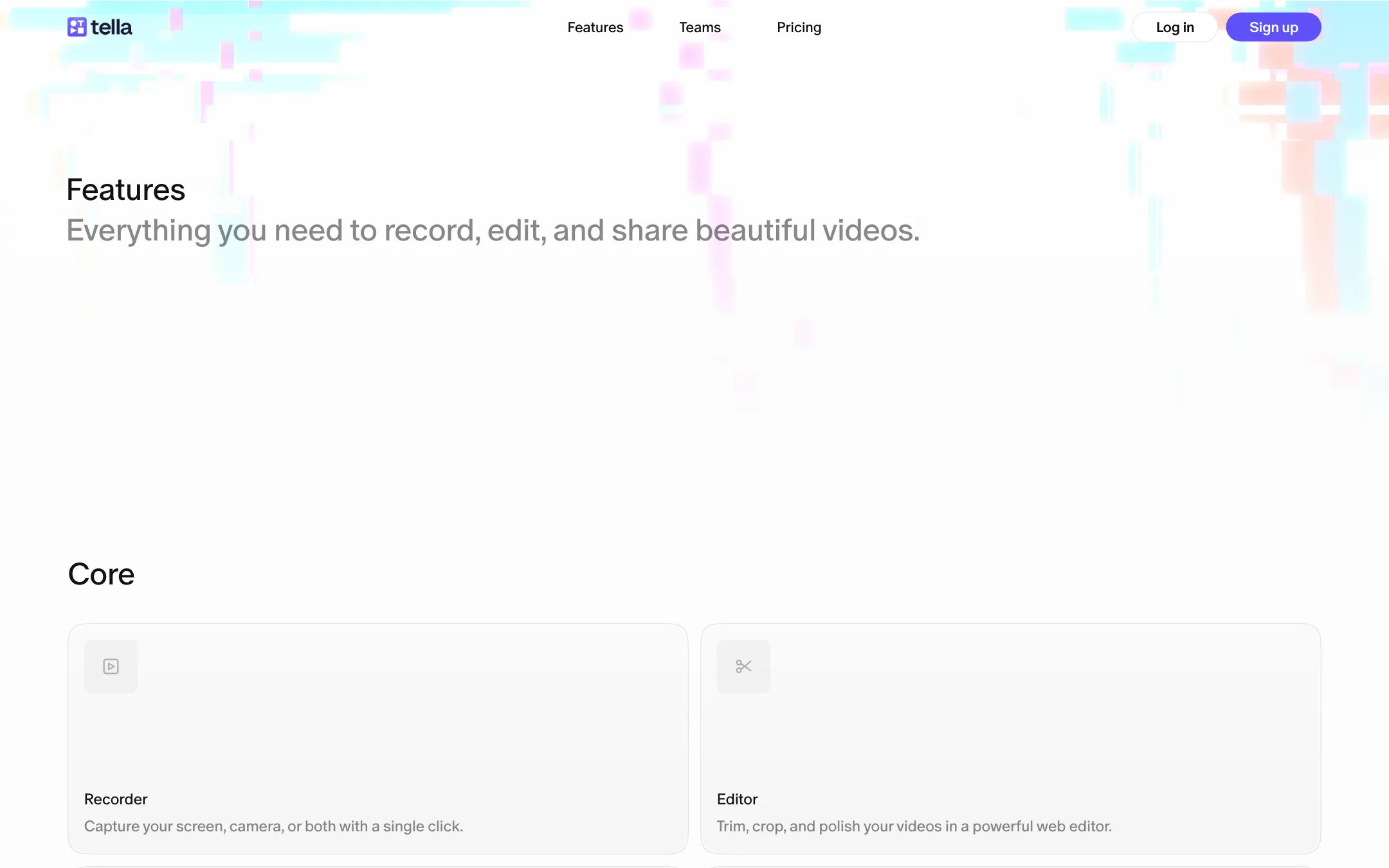 Tella features page listing recorder, editor, sharing, analytics and MCP