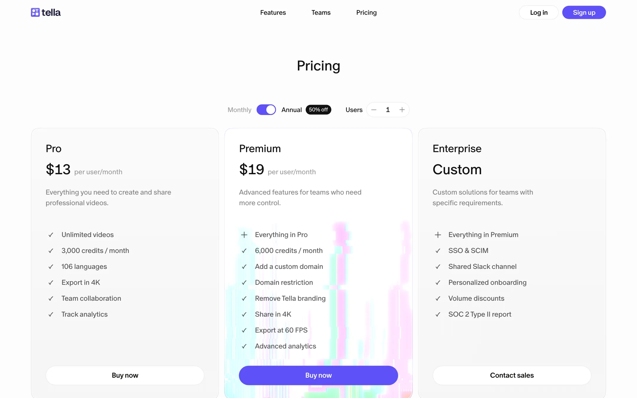 Tella pricing page with Pro, Premium and Enterprise plans