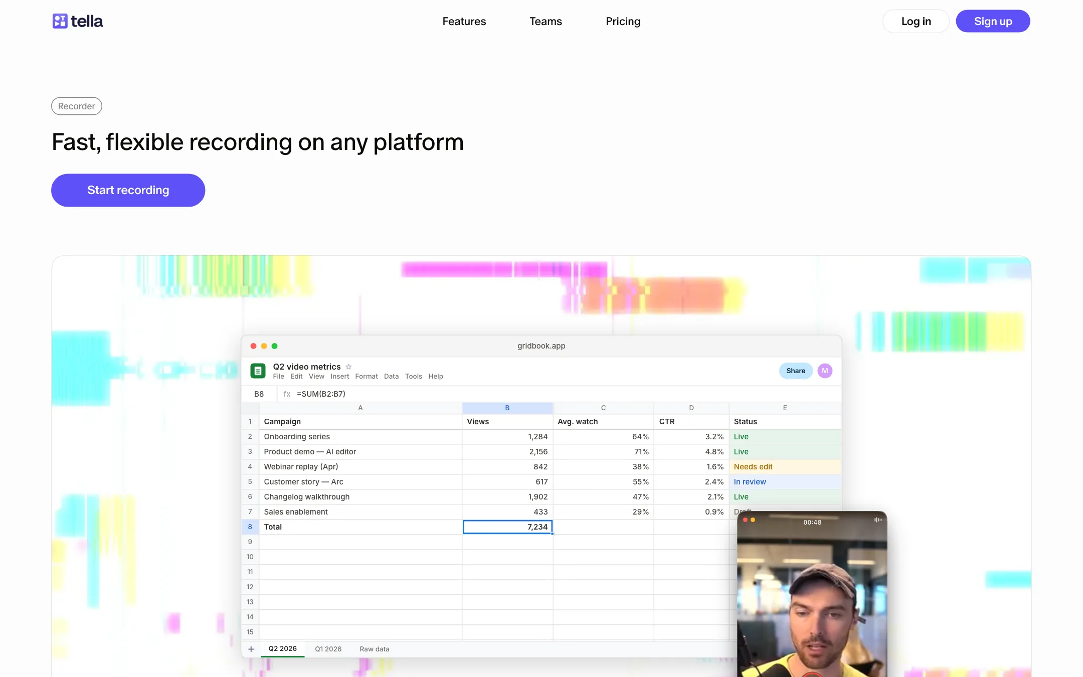 Tella recorder page describing screen, camera, or both