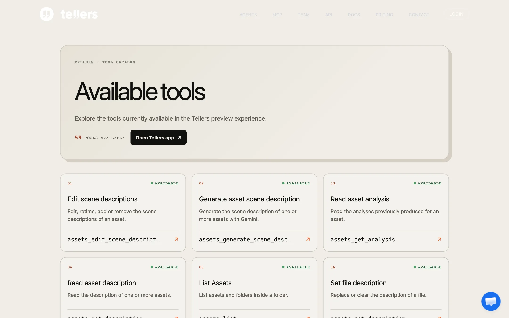 Tellers tool catalog listing the tools available to the editing agent