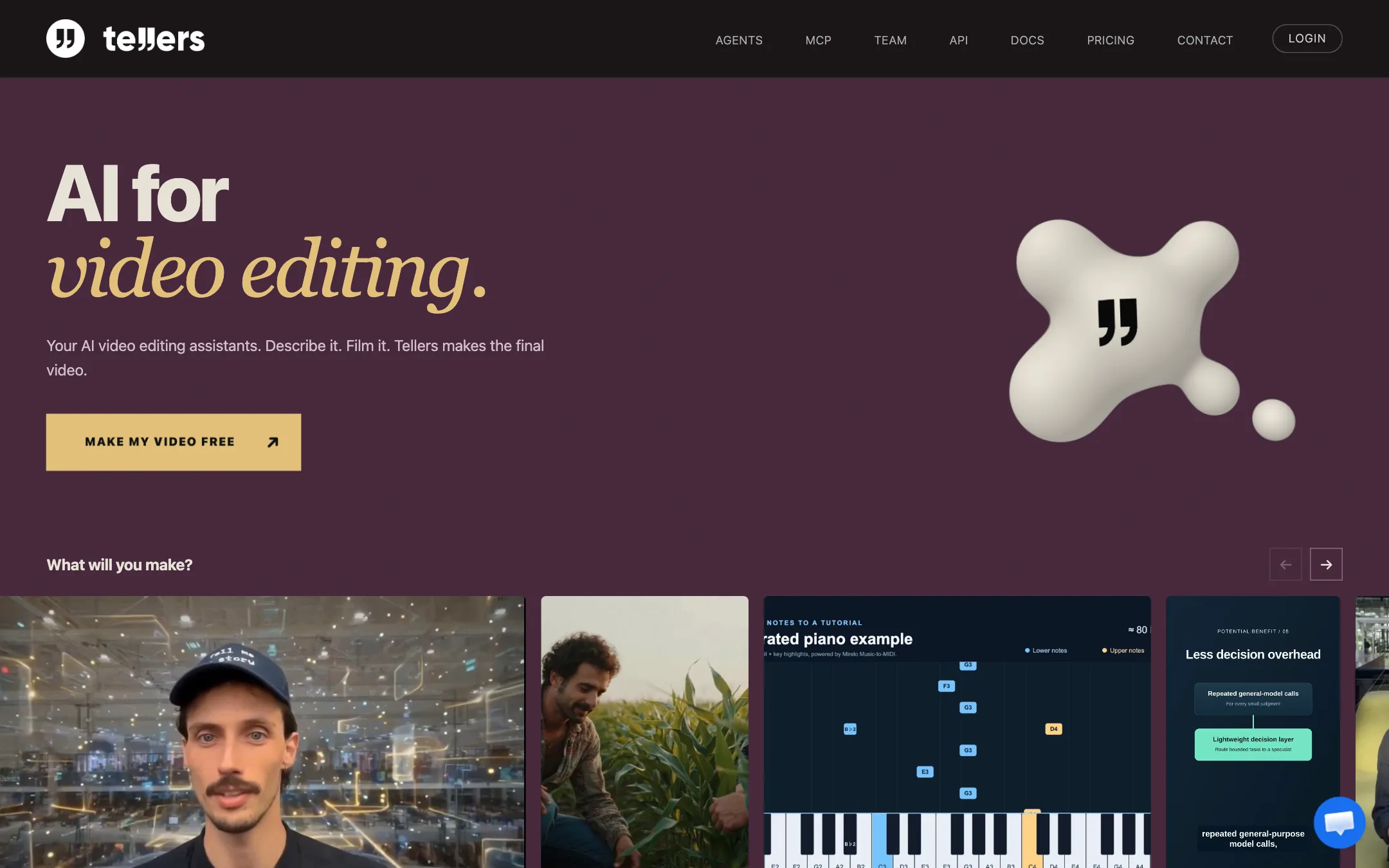 Tellers homepage headline: AI for video editing