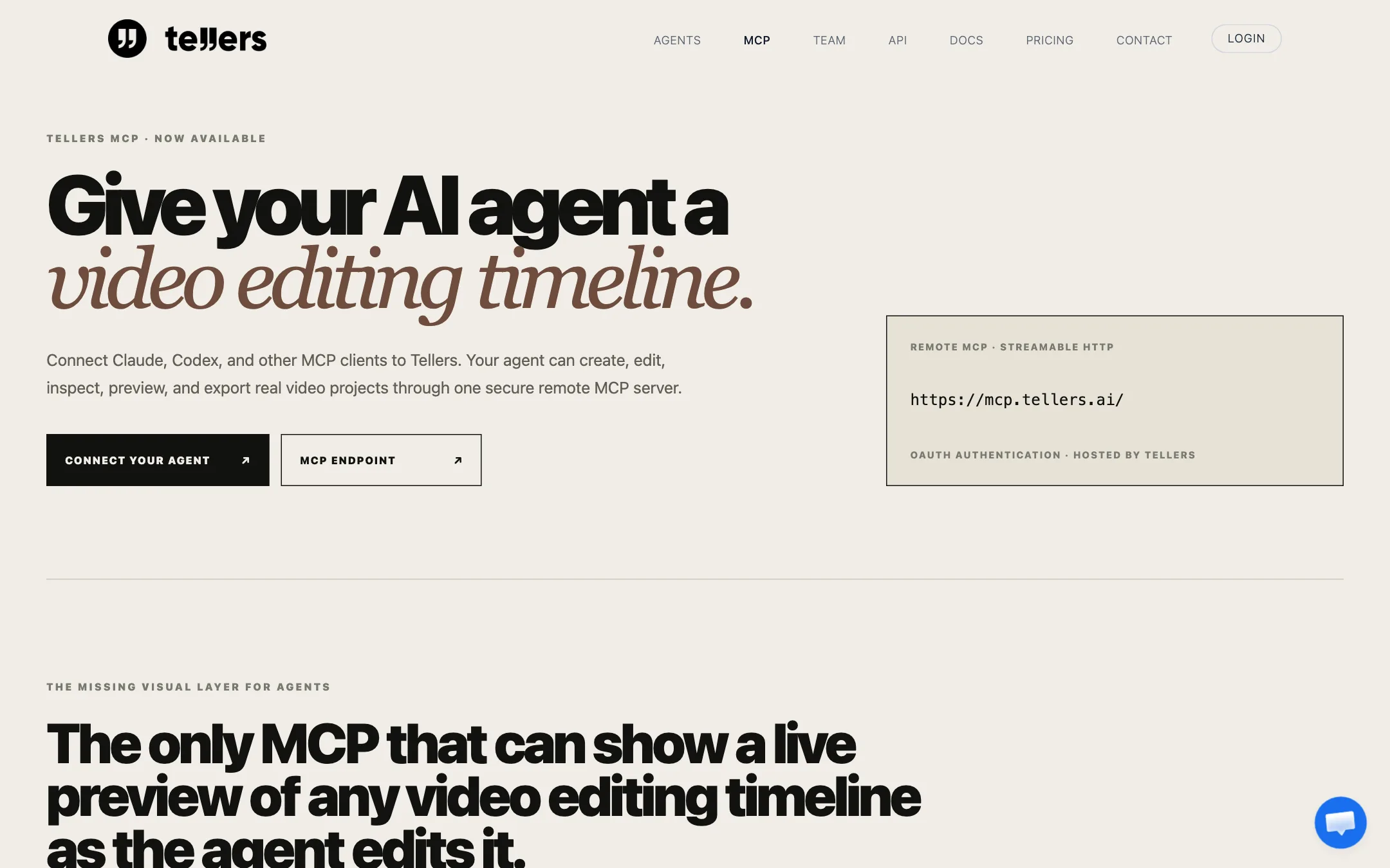 Tellers MCP page explaining how to connect Claude or Codex to a video editing timeline