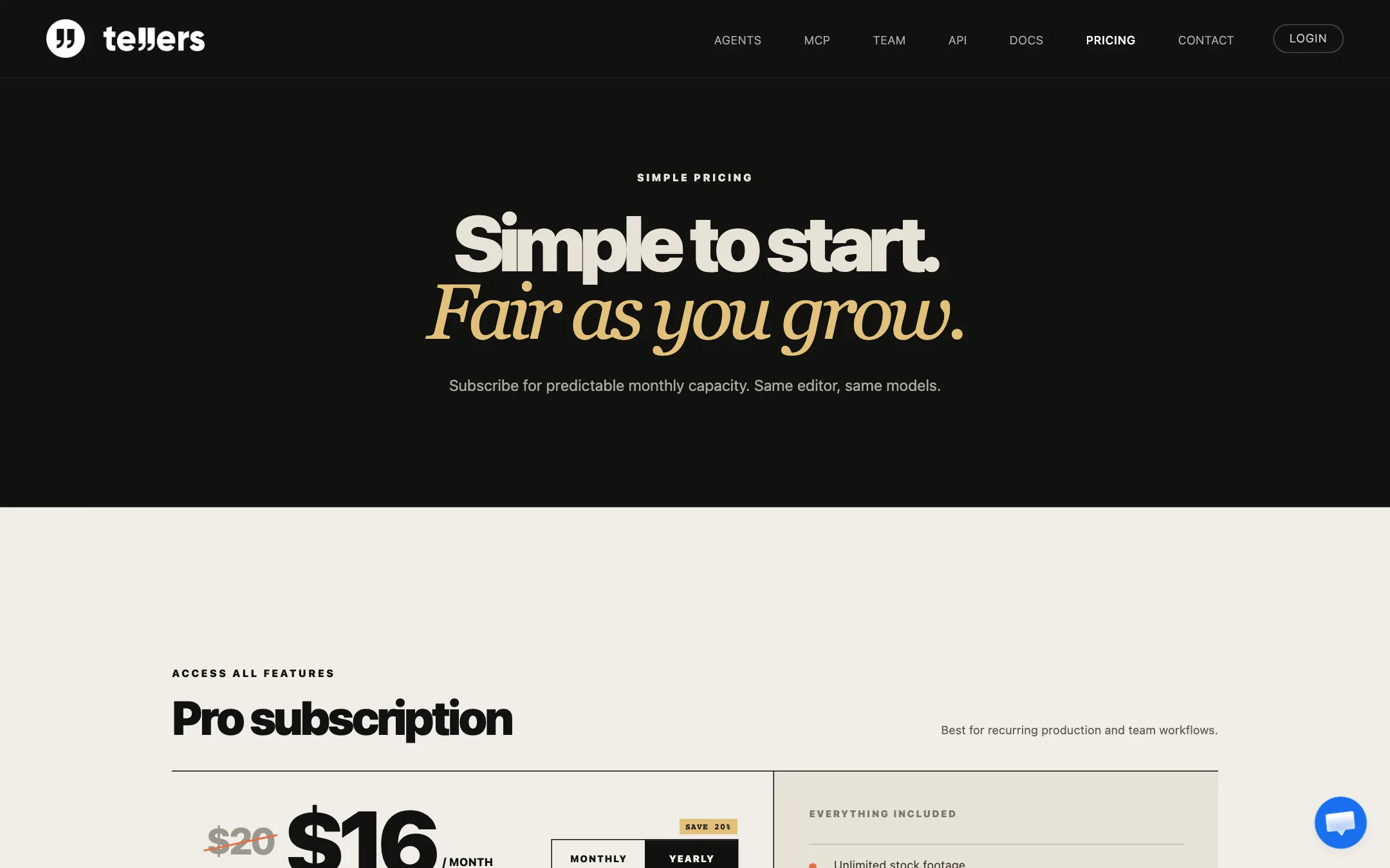 Tellers pricing page with a single Pro subscription at $16 a month billed yearly