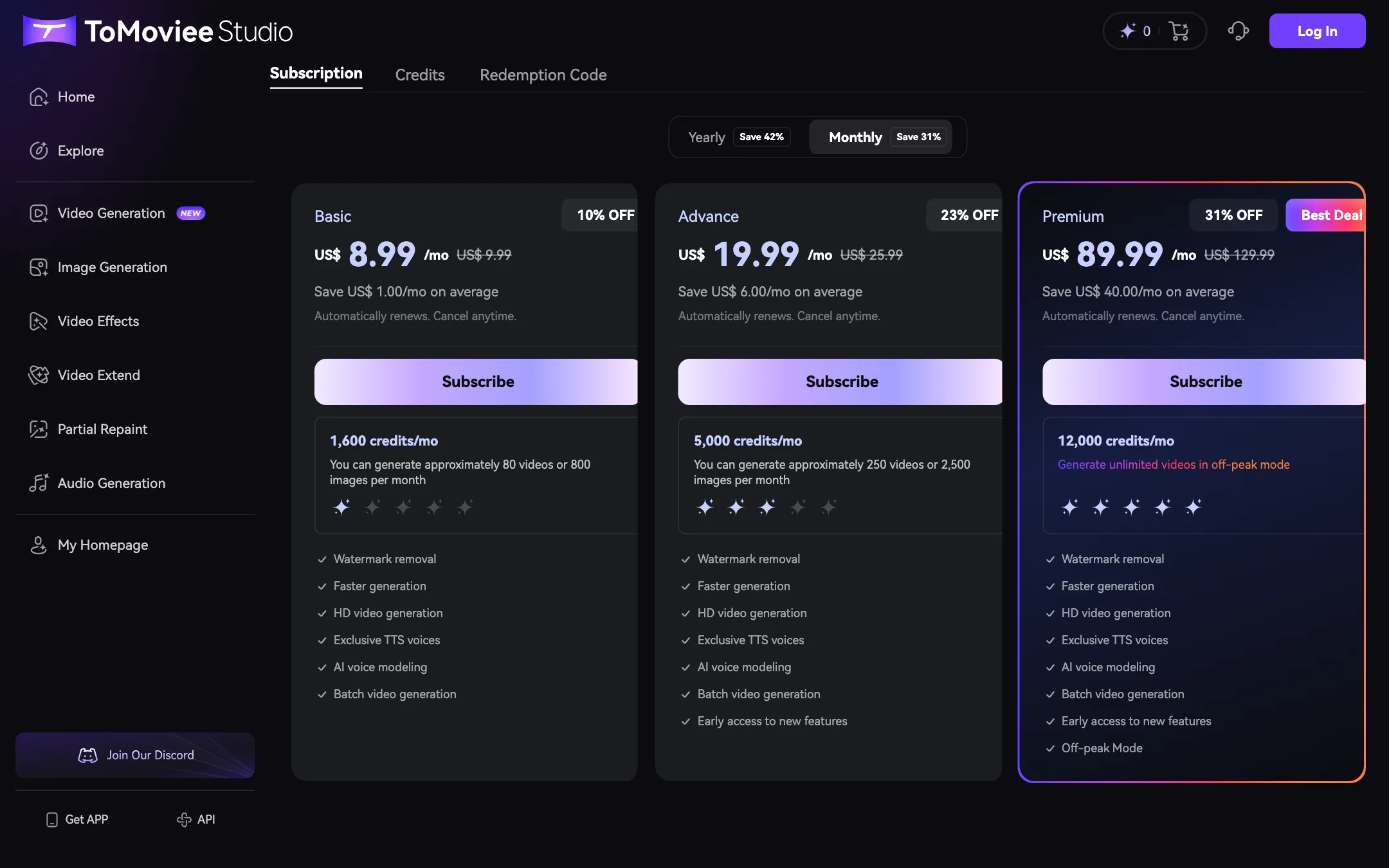 ToMoviee Studio pricing with Basic, Advance and Premium monthly plans