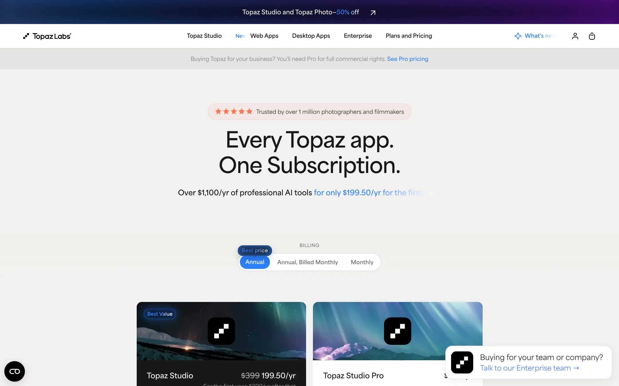 Topaz Labs pricing page for Topaz Studio with annual, annual billed monthly and monthly billing