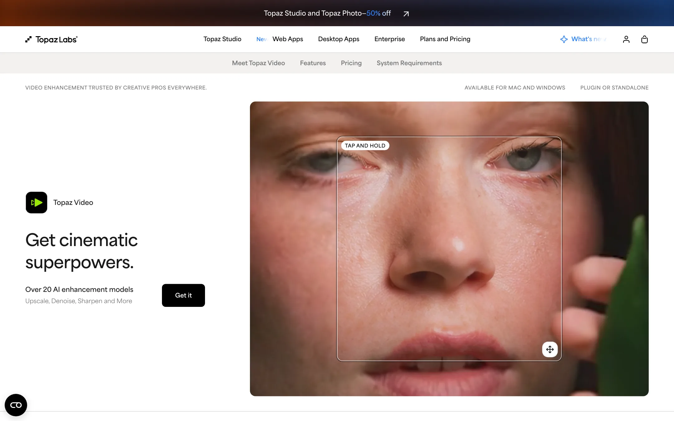 Topaz Video desktop app page with a before and after face close-up