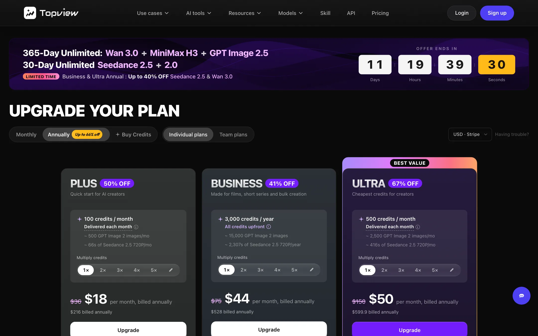 Topview pricing page showing Plus, Business and Ultra annual plans with a countdown banner