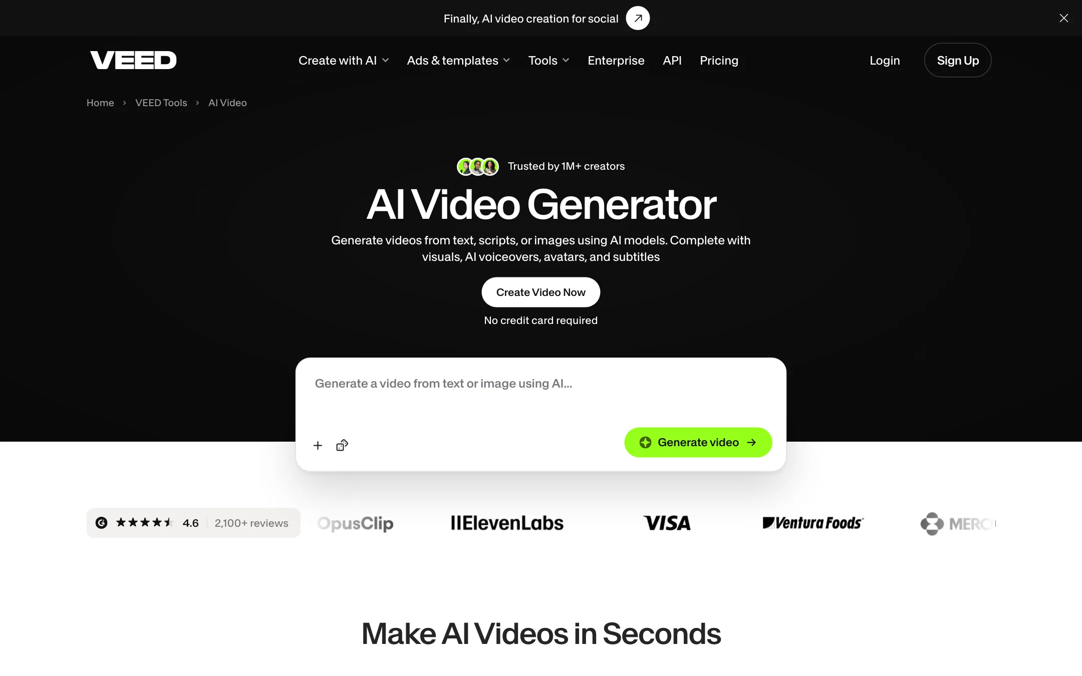 VEED AI Video Generator page with prompt box