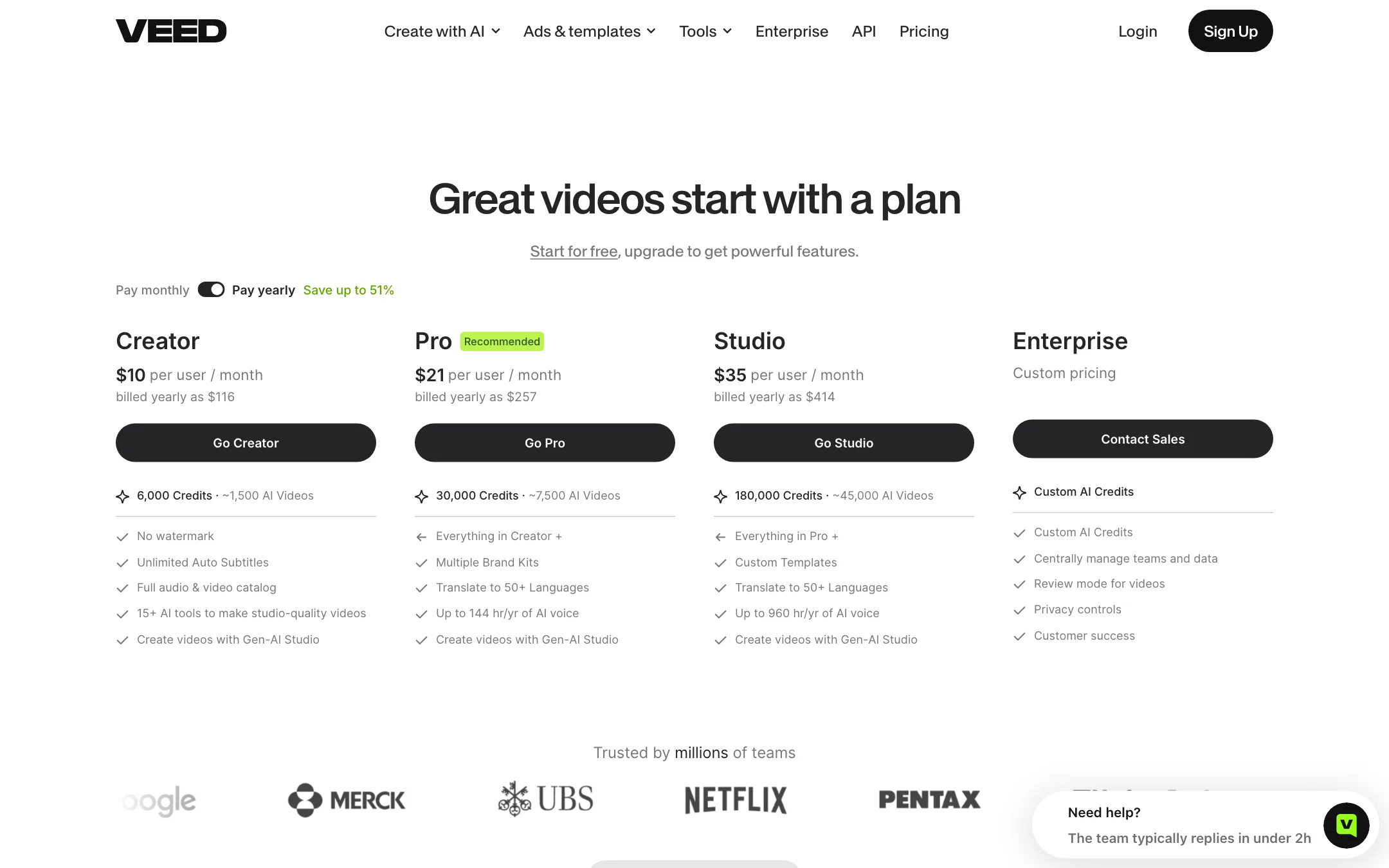 VEED pricing page with Creator and Pro plans