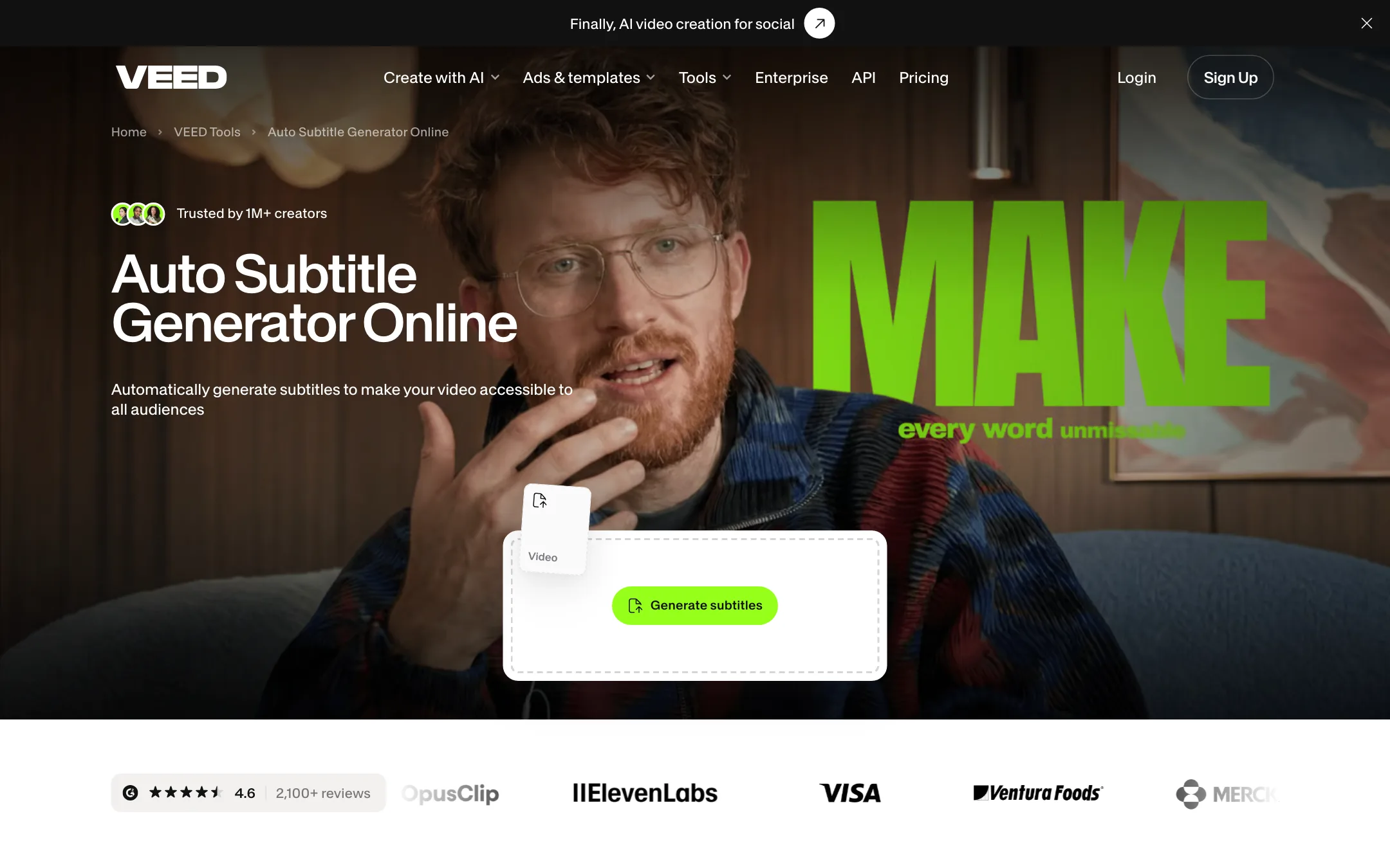 VEED auto subtitle generator page