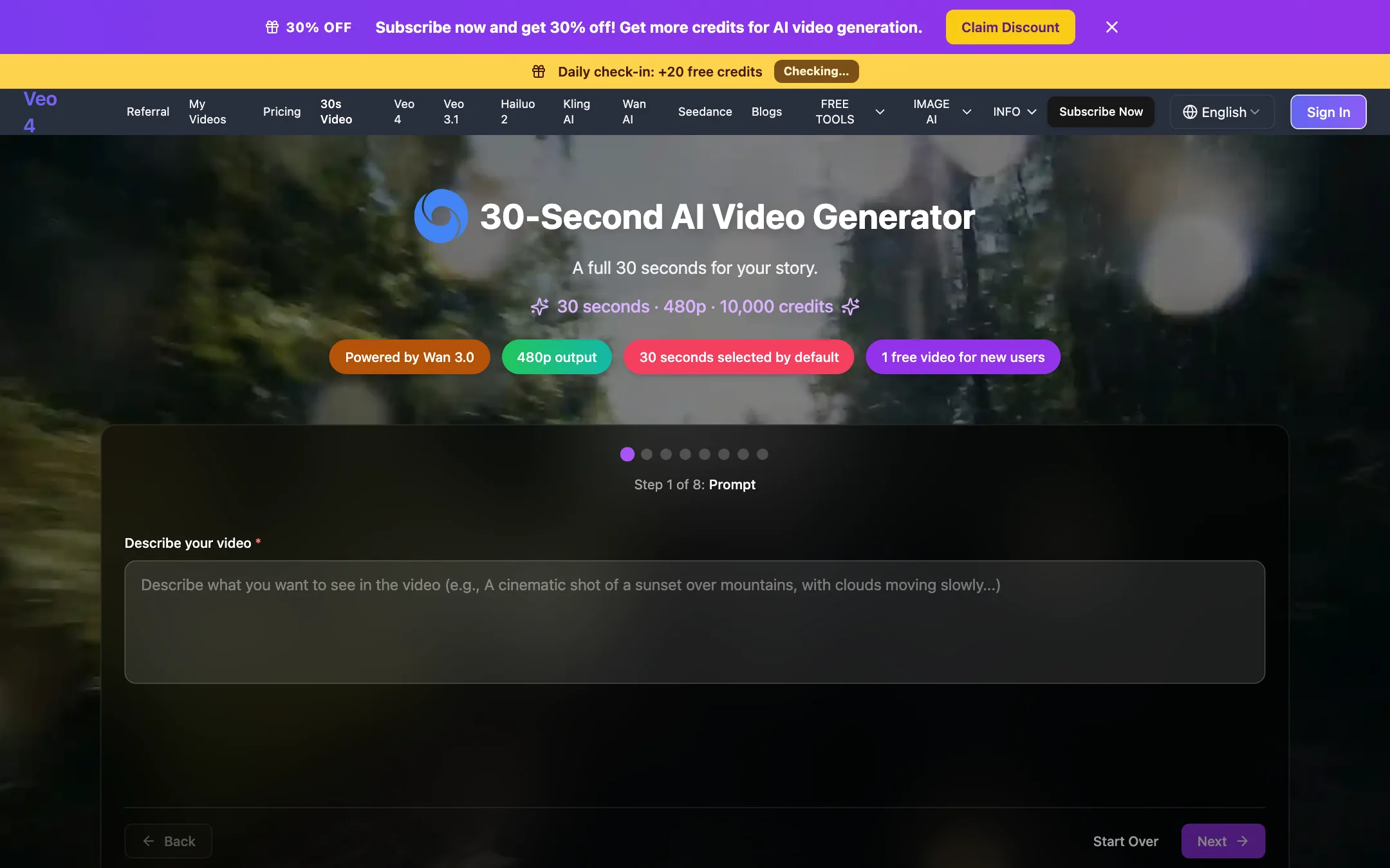 Veo 4 30-second AI video generator page powered by Wan 3.0