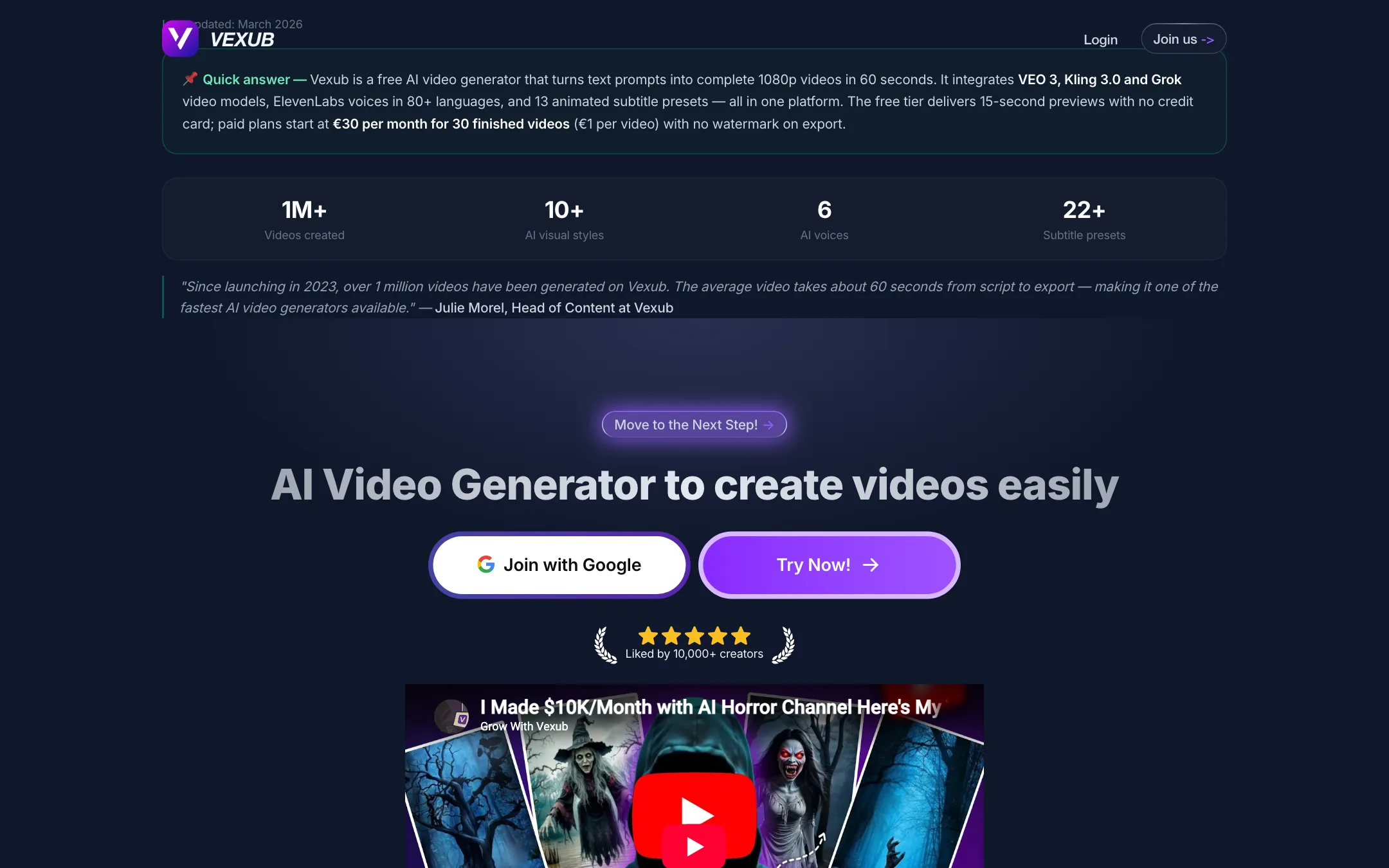 Vexub AI video generator page naming VEO 3, Kling and Grok