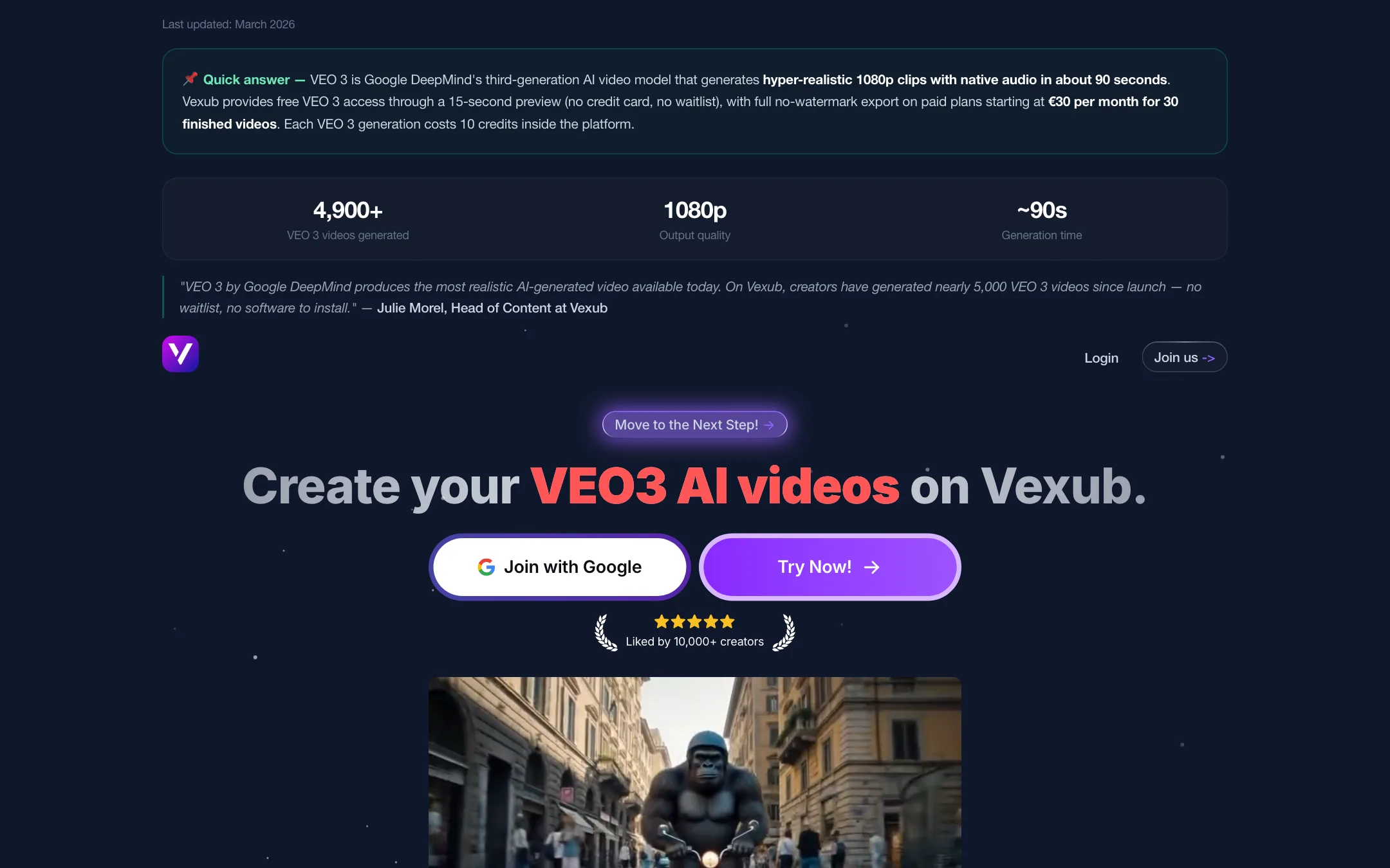 Vexub VEO 3 page with generation stats