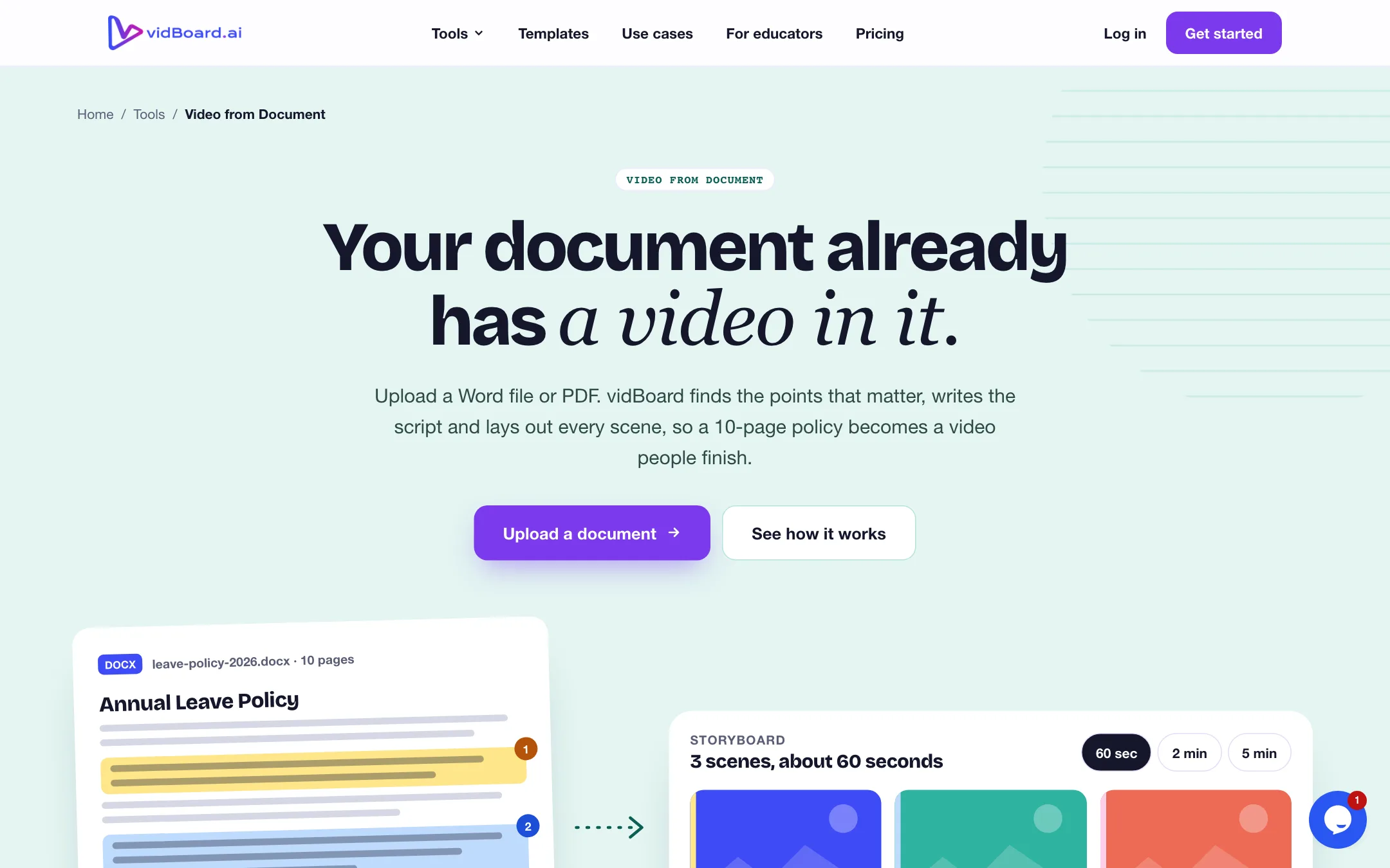vidBoard Video from Document page showing a policy document turned into a storyboard