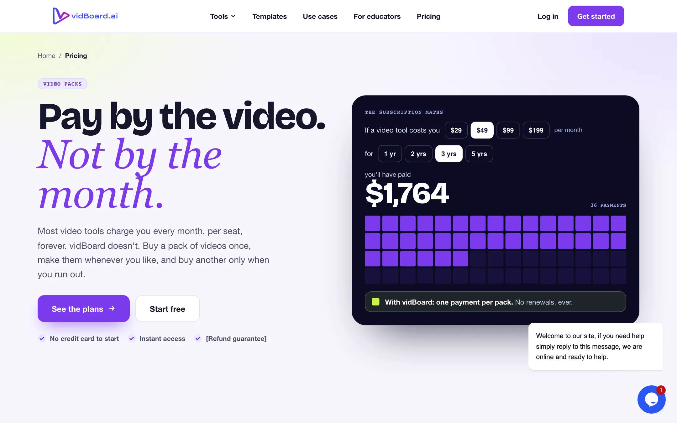 vidBoard pricing page explaining one-time video packs instead of a subscription