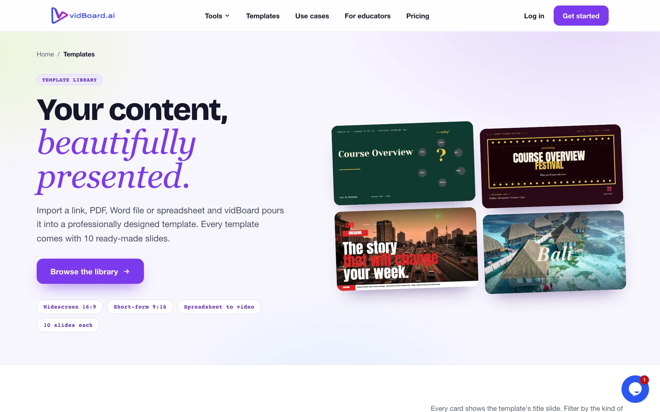 vidBoard template library with 10-slide designs by category