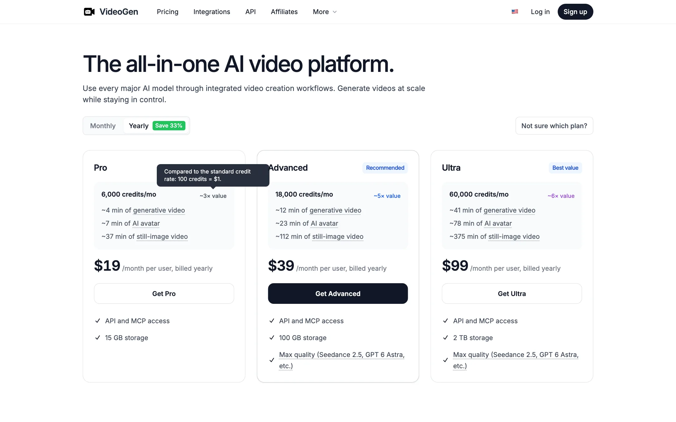 VideoGen pricing page with Pro, Advanced and Ultra plans