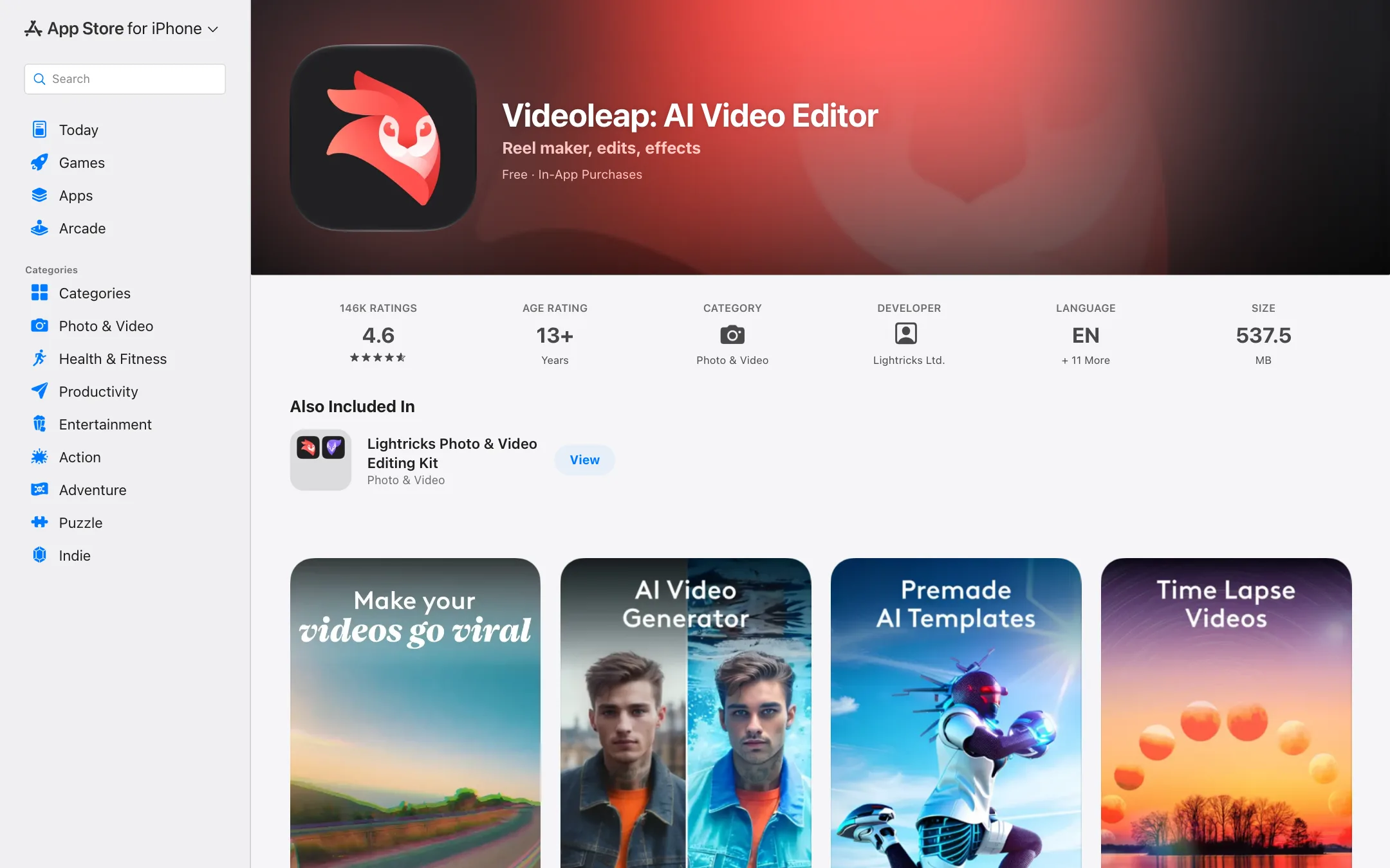 Videoleap AI Video Editor listing on the US App Store with 4.6 rating