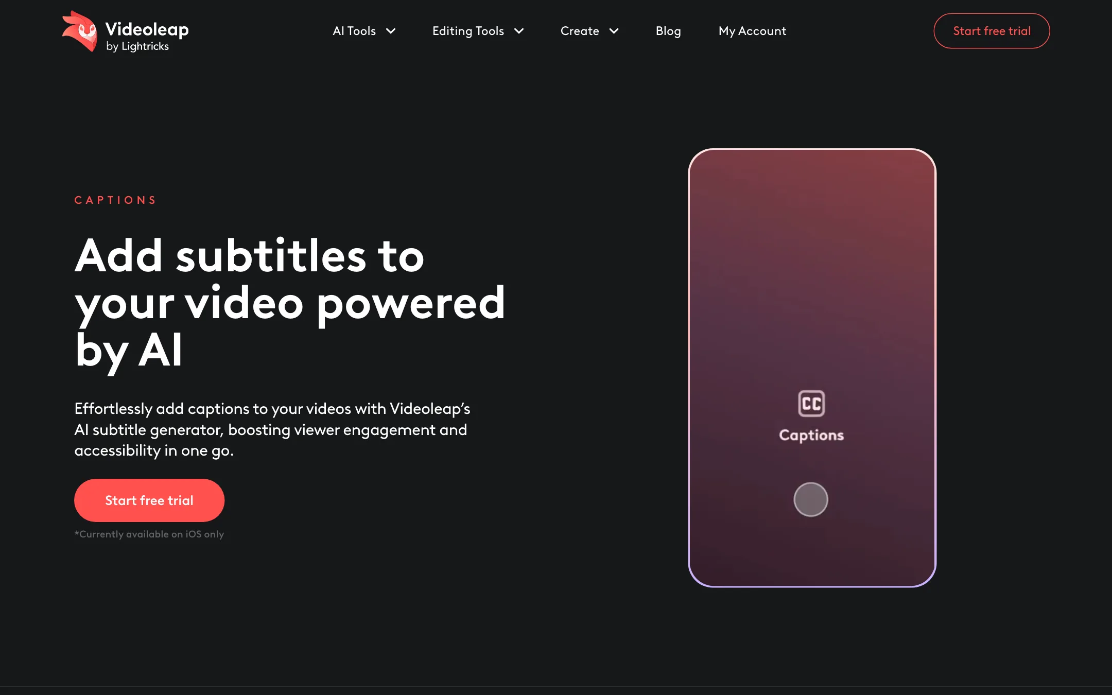 Videoleap AI subtitle generator page noting it is available on iOS only
