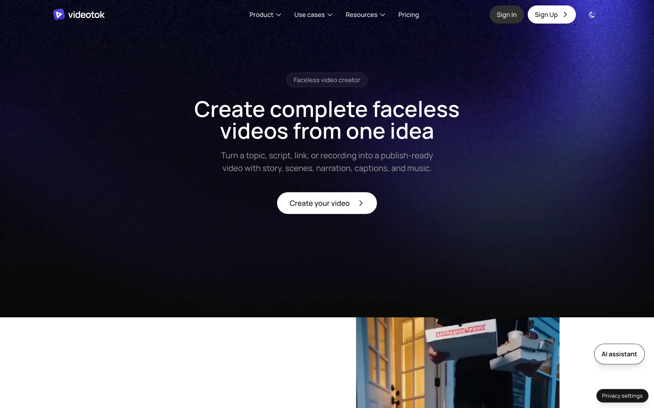 VideoTok faceless video creator page headline