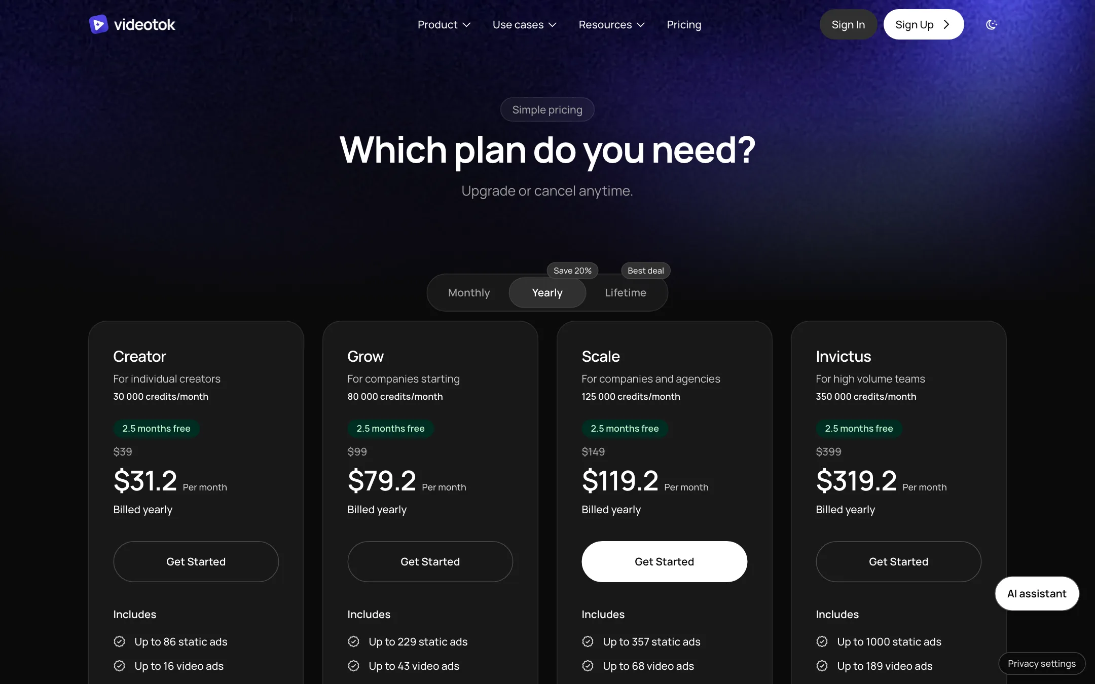 VideoTok pricing page with Creator, Grow, Scale and Invictus plans on yearly billing