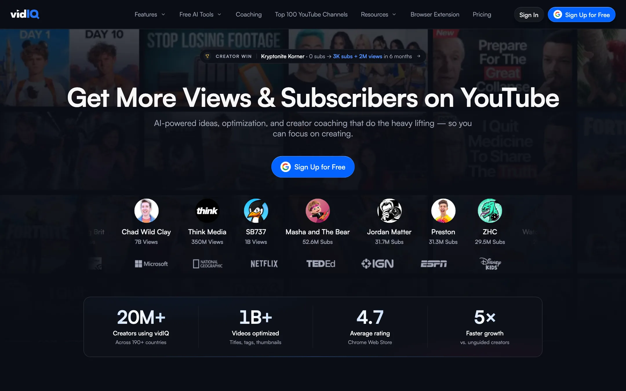 vidIQ homepage headline: Get More Views and Subscribers on YouTube