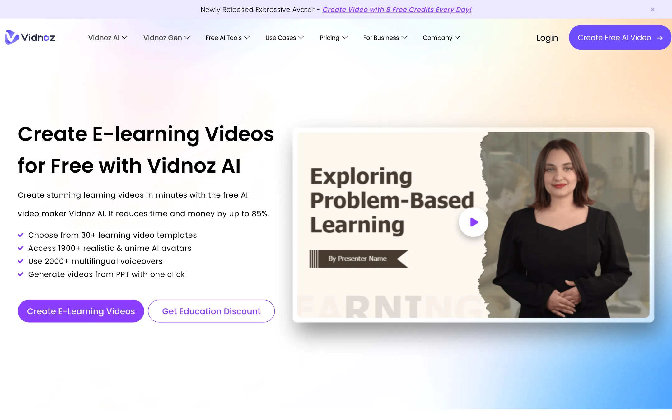 Vidnoz e-learning page about turning PDFs and slides into course videos