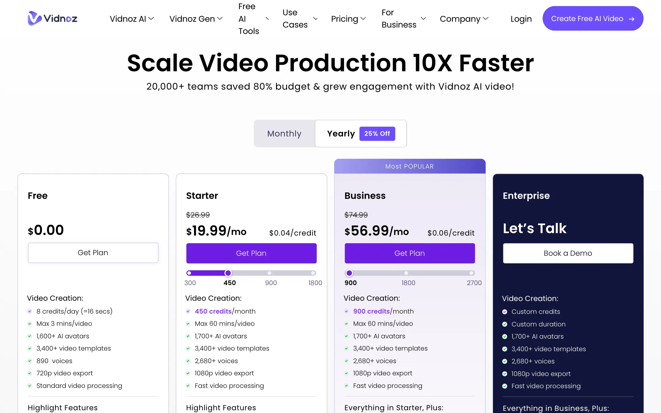 Vidnoz AI pricing page with Free, Starter, Business and Enterprise plans